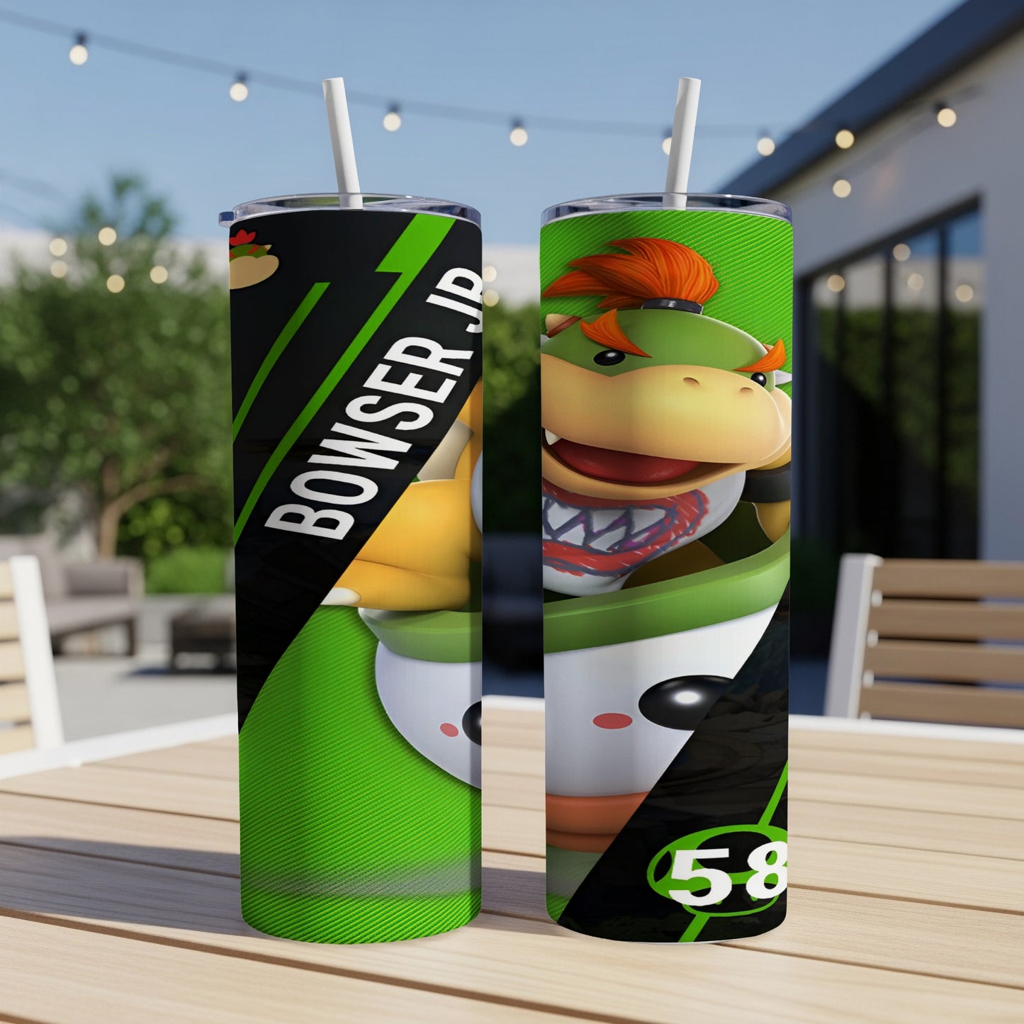 Bowser Jr. character design on green and black patterned tumbler.