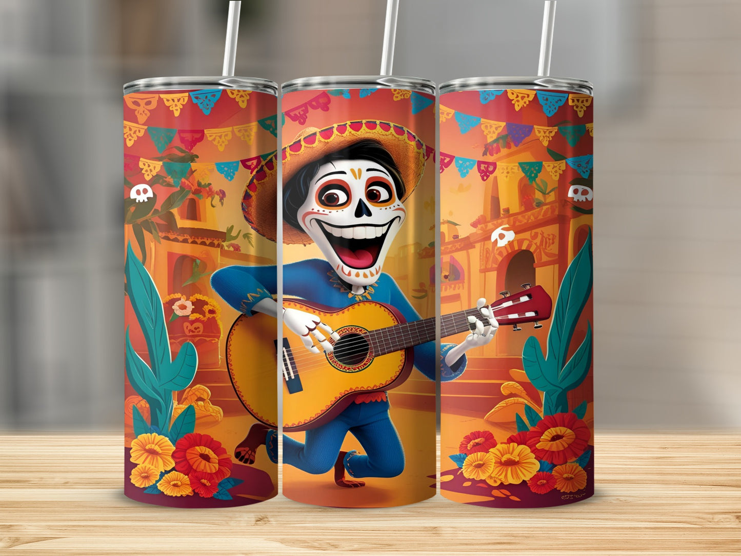 Day of the Dead character in sombrero plays guitar with colorful floral border.