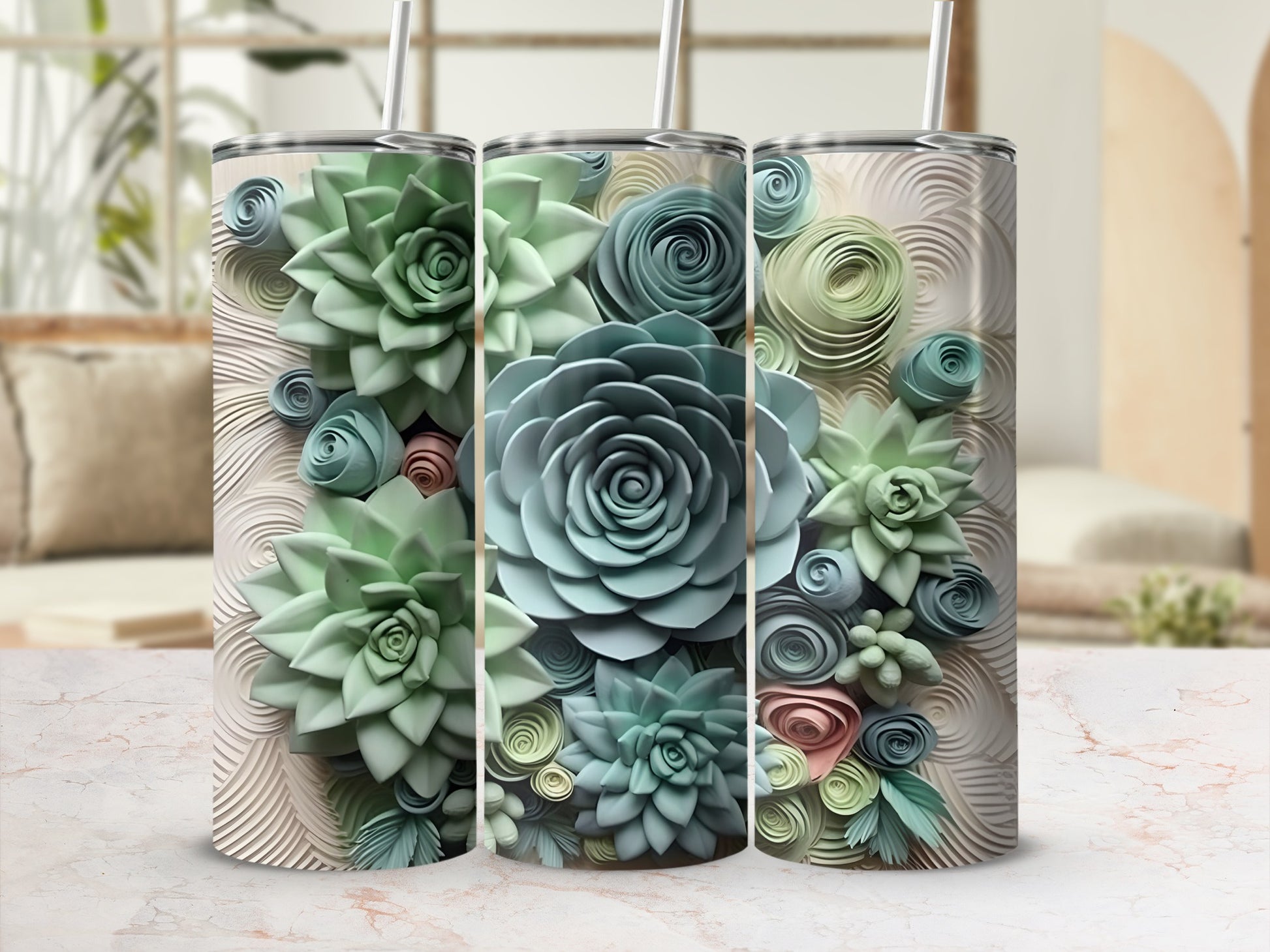Succulent Flower Themed Design Tumbler with Straw
