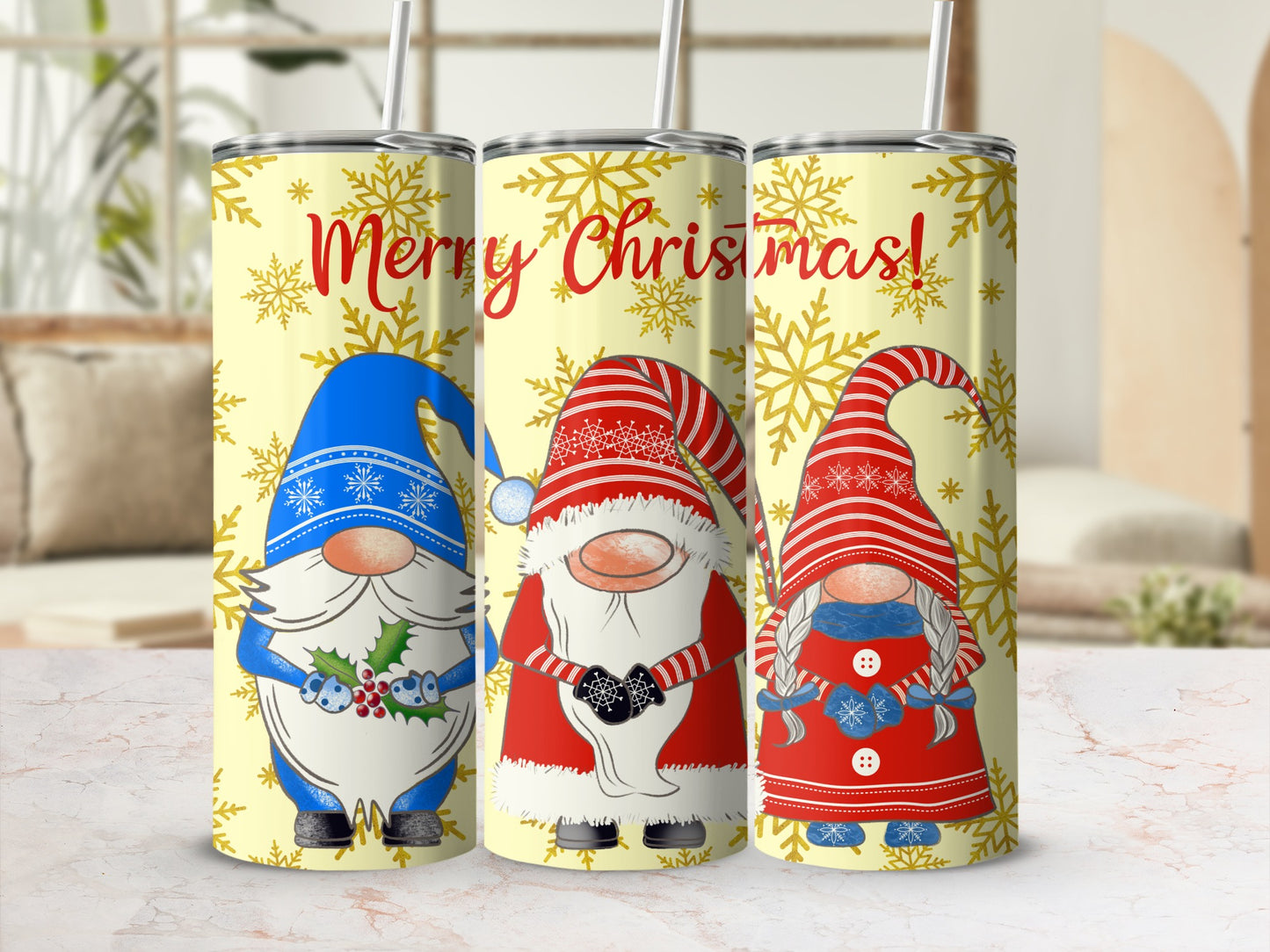 Three Christmas gnomes with snowflakes on yellow background.