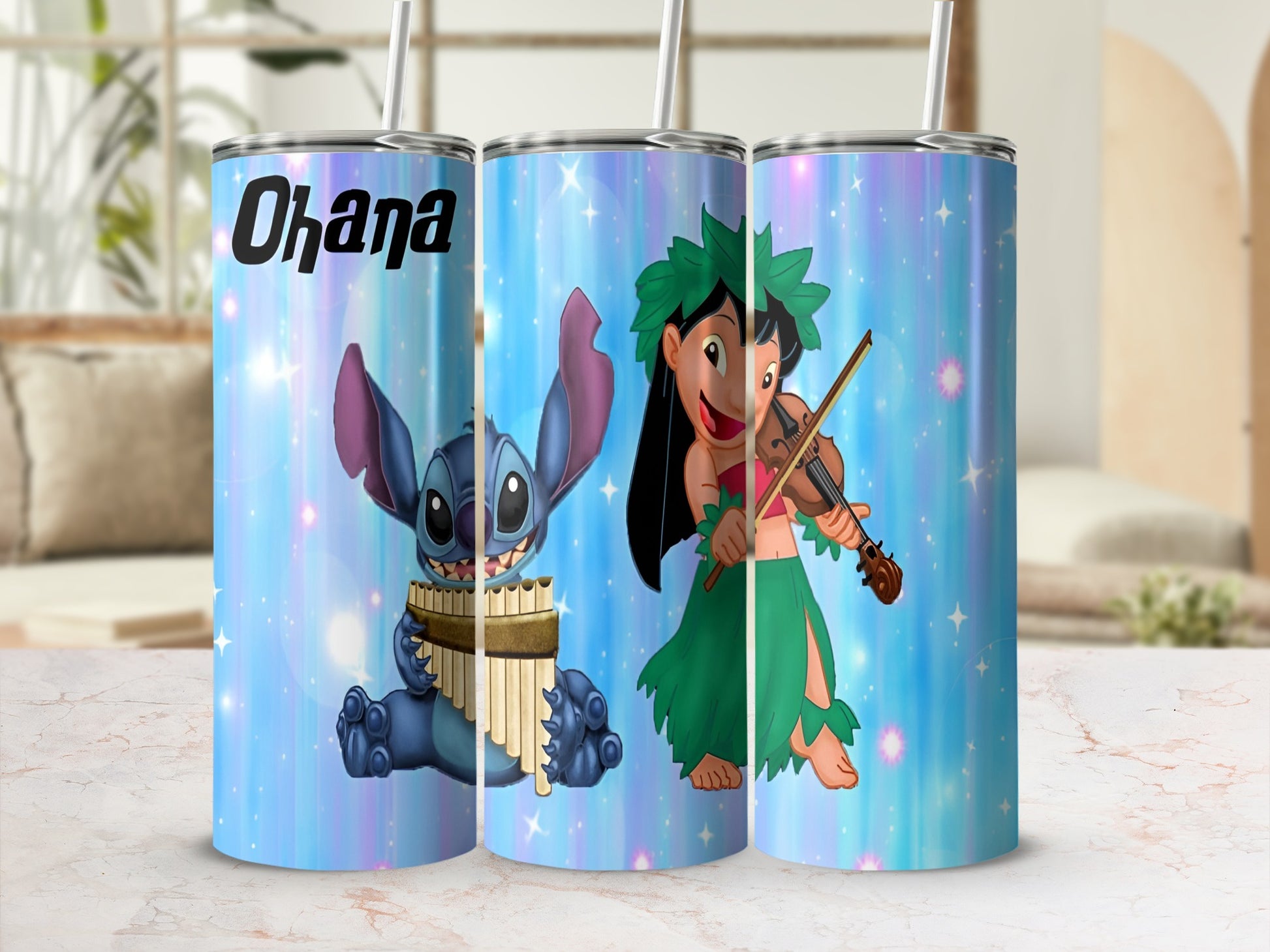 Stitch and Lilo playing instruments with "Ohana" text on a starry, blue background.