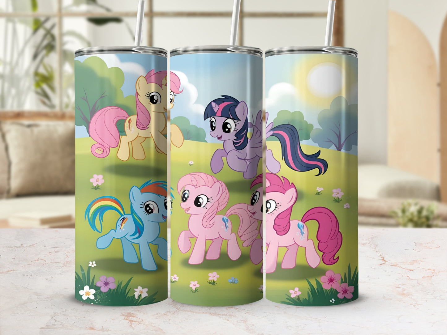 My Little Pony characters on a pink background with a rainbow and grassy landscape.