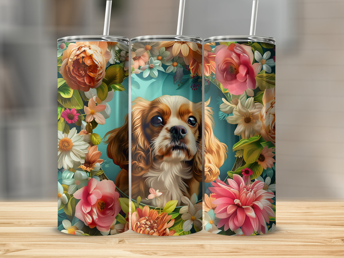 Three floral tumblers featuring a Cavalier King Charles Spaniel dog.