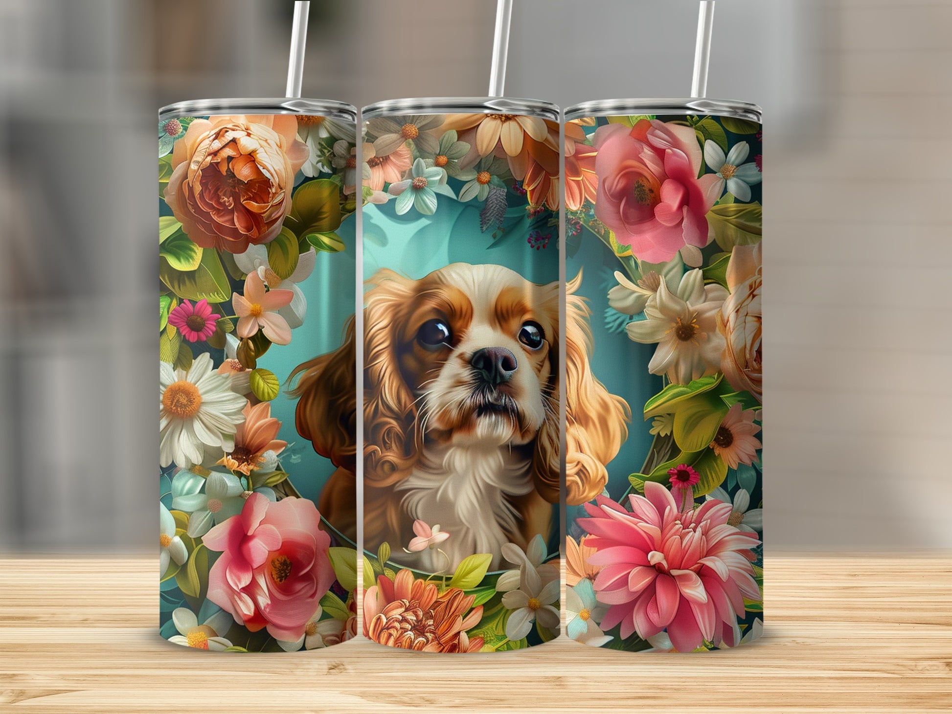 Three floral tumblers featuring a Cavalier King Charles Spaniel dog.