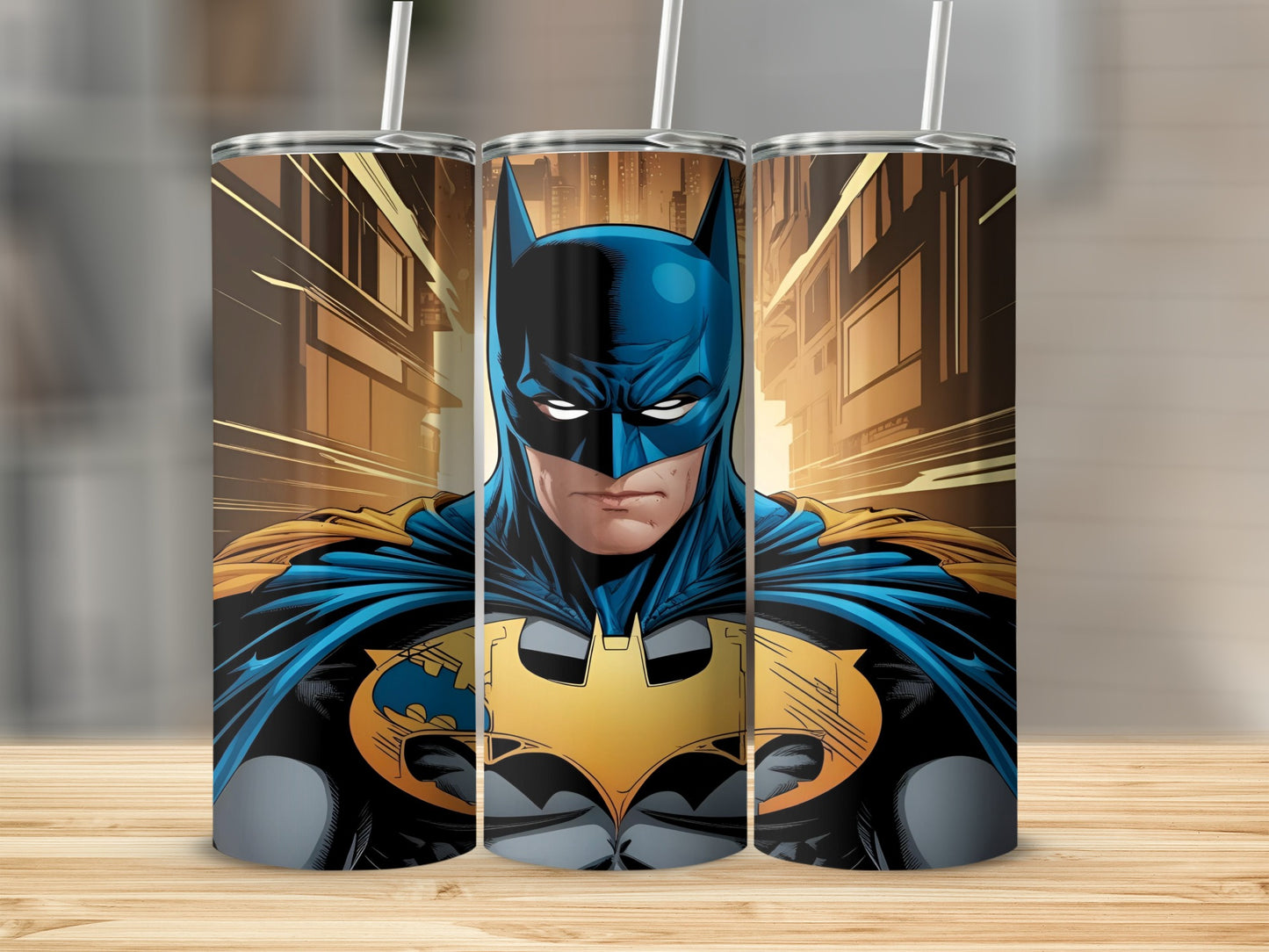 Batman portrait with yellow and blue costume, city street background.