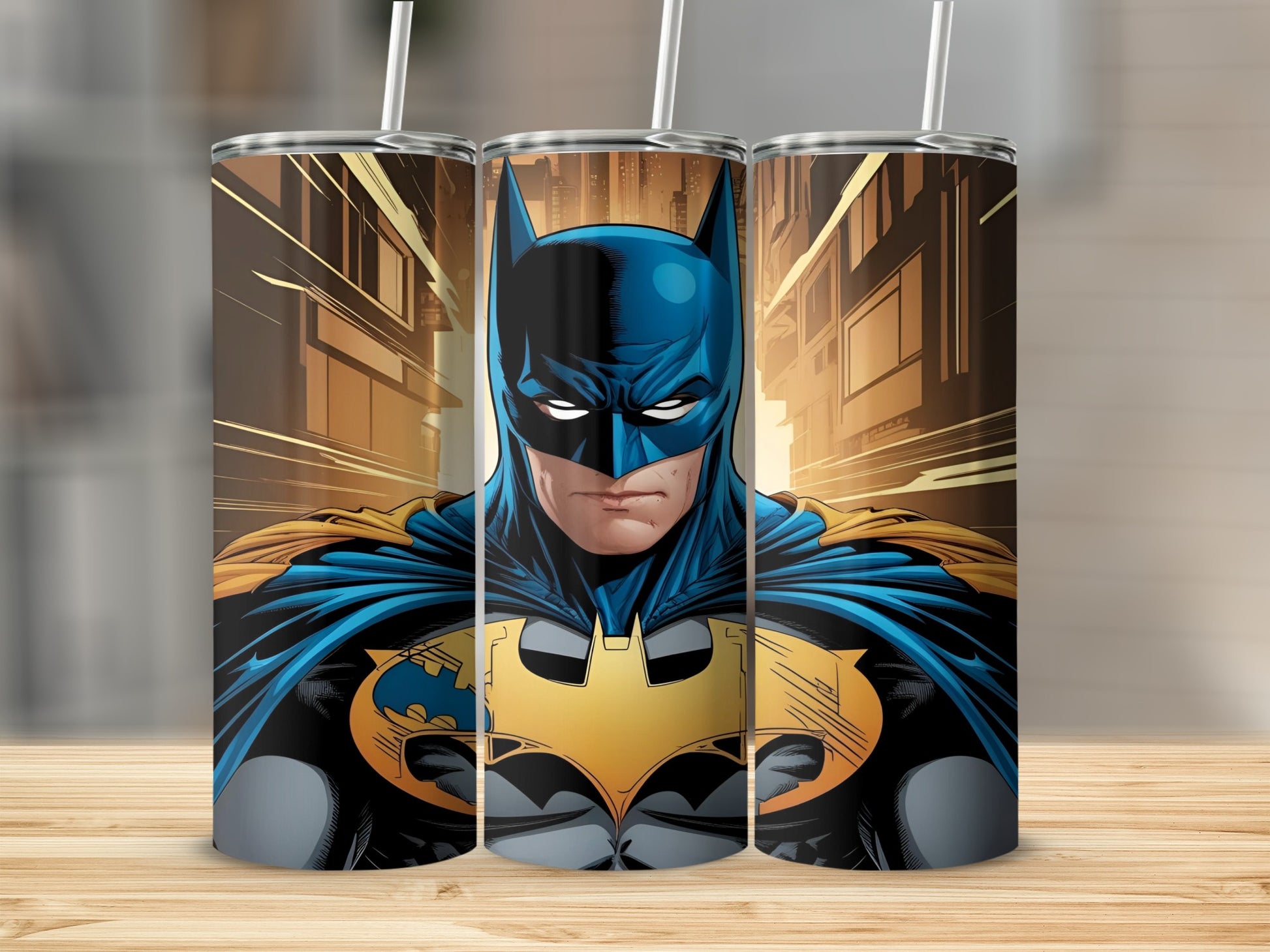Batman portrait with yellow and blue costume, city street background.