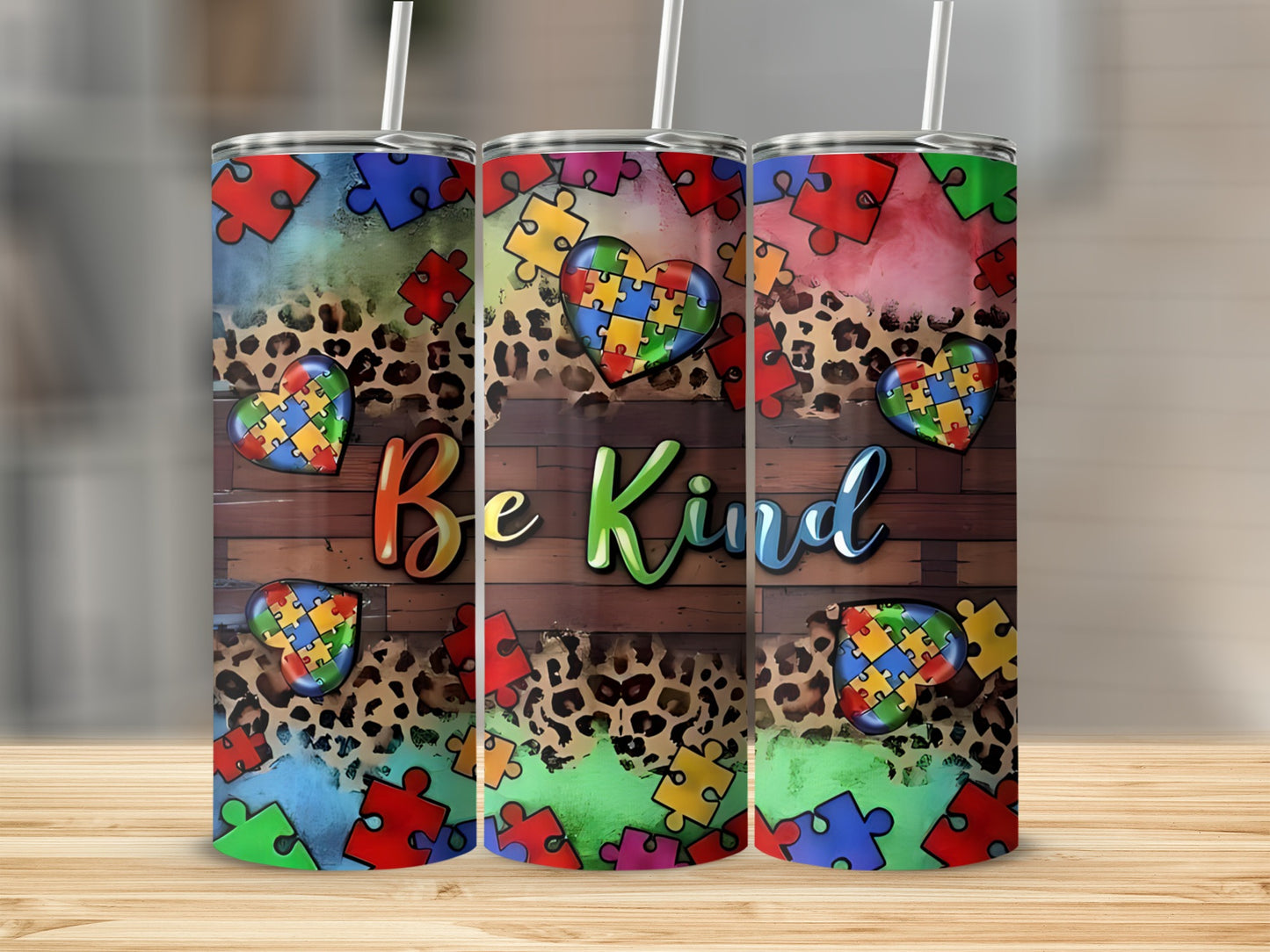 Tumbler with colorful puzzle pieces, hearts, and "Be Kind" text on wood and animal print background.