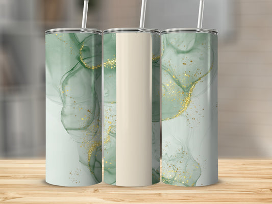 Three tumblers with abstract green and gold watercolor design.
