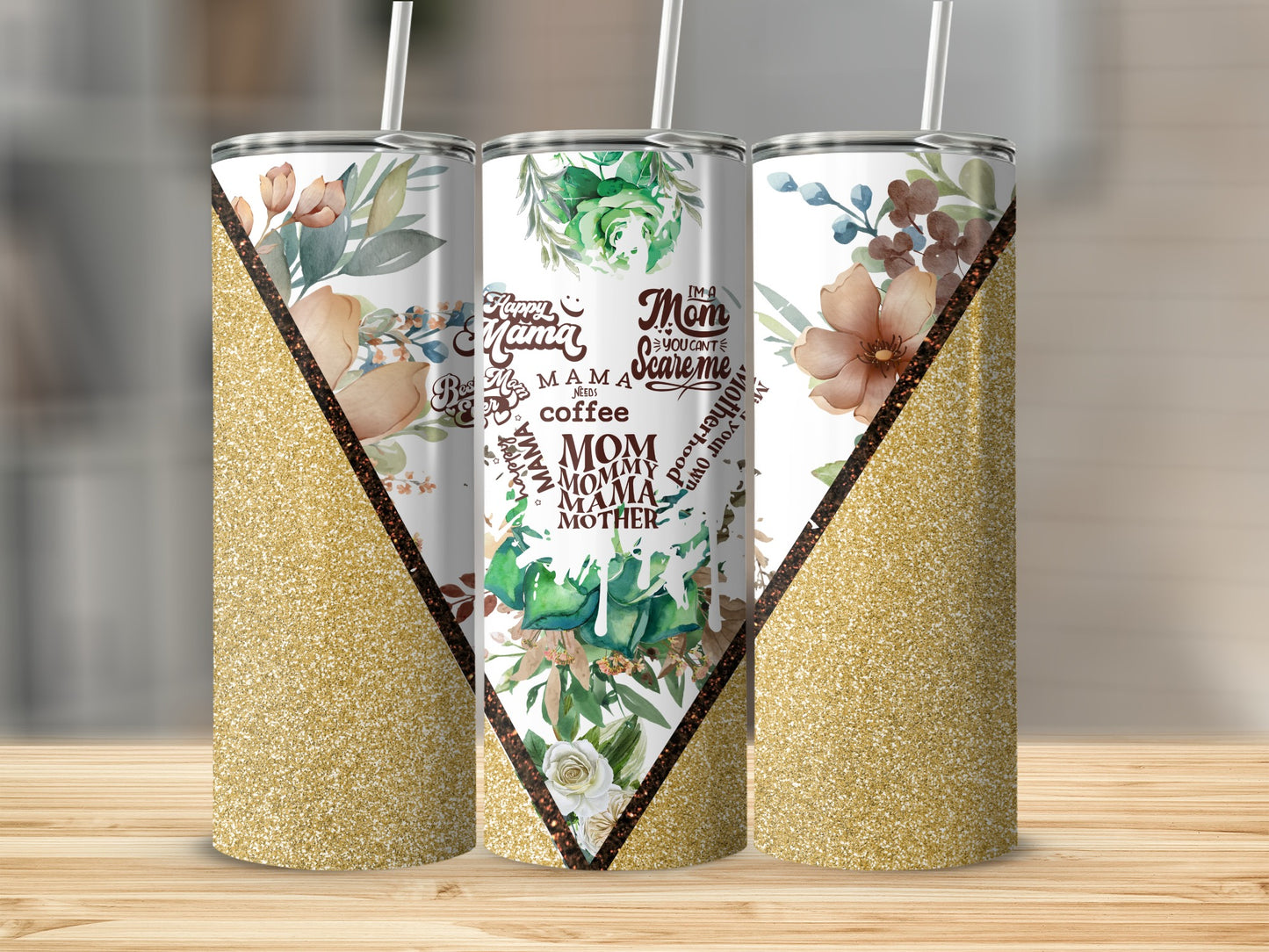 Floral Glitter Mama Needs Coffee Tumbler