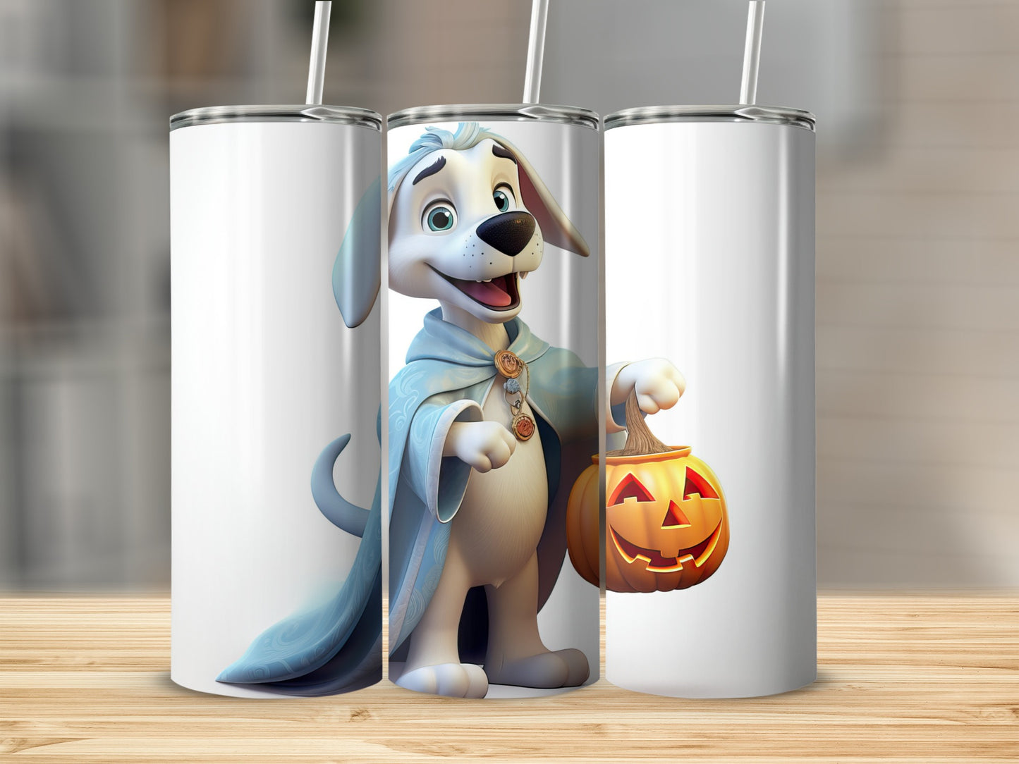White tumbler with cartoon dog wearing a blue cloak holding a jack-o'-lantern.