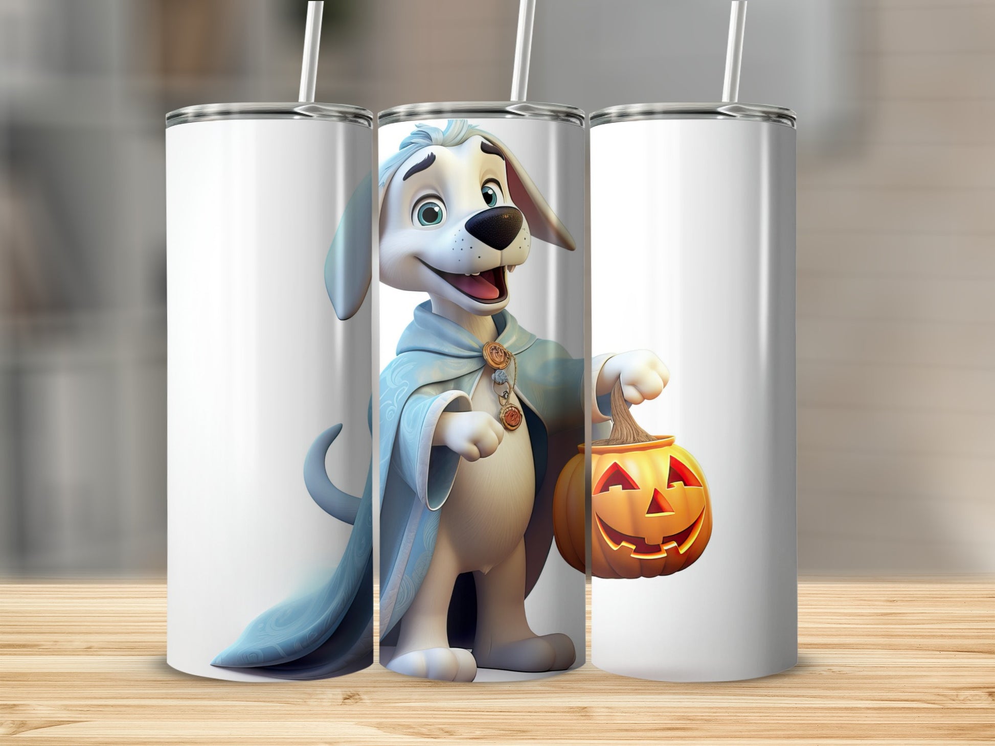 White tumbler with cartoon dog wearing a blue cloak holding a jack-o'-lantern.