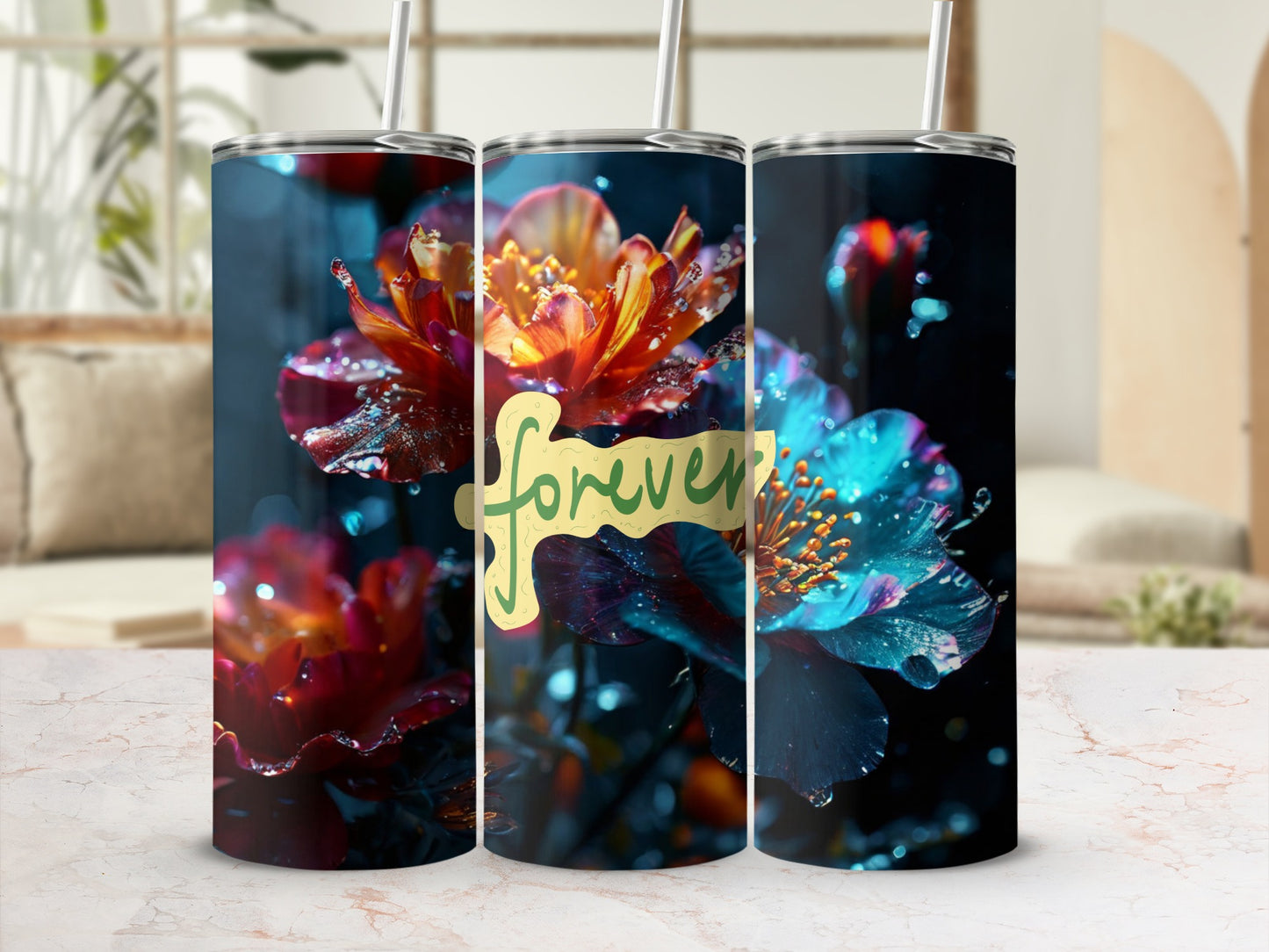 Three tumblers featuring vibrant, dewy flowers and "forever" text.