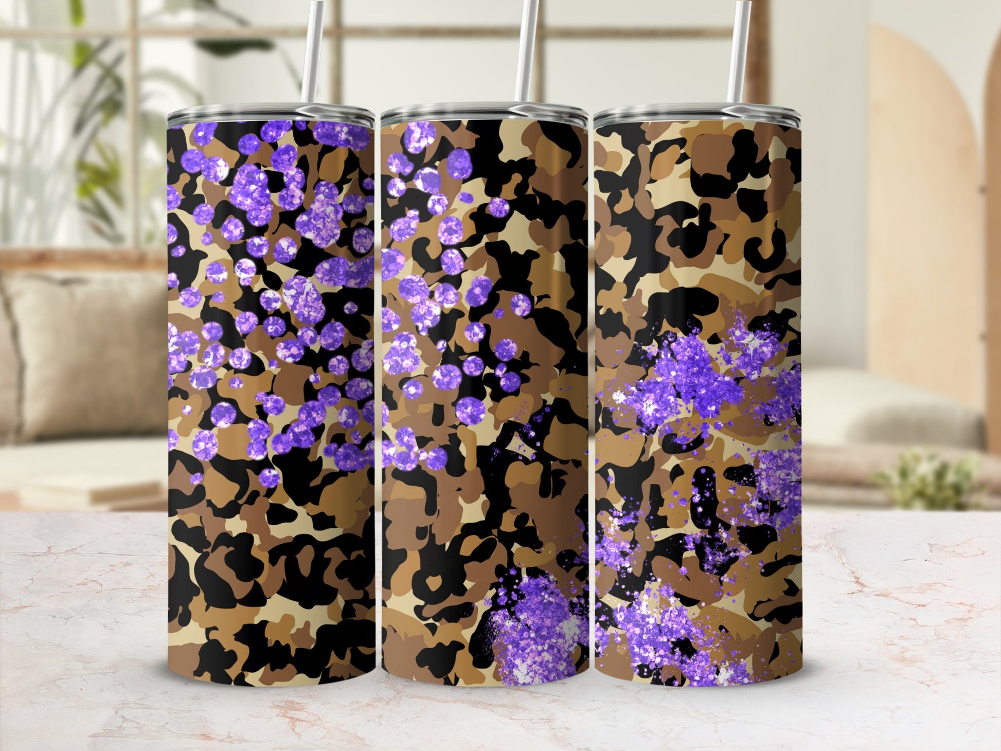 Camouflage and Purple Floral Design Tumbler Set
