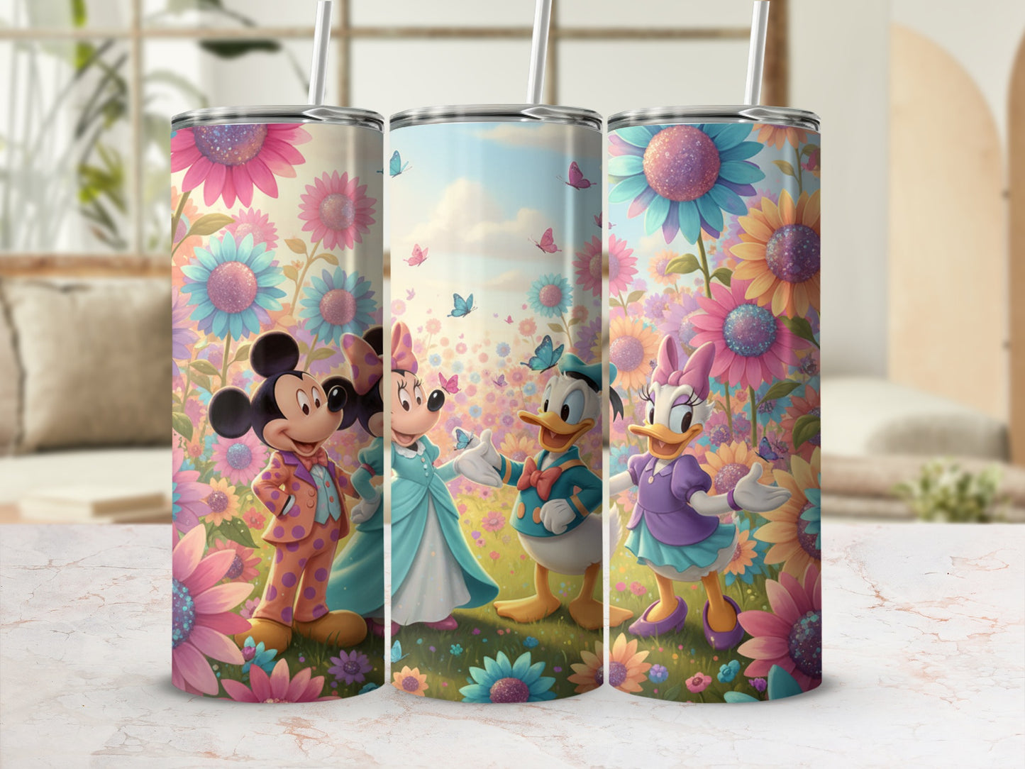 Colorful Character Floral Design Tumbler with Straw
