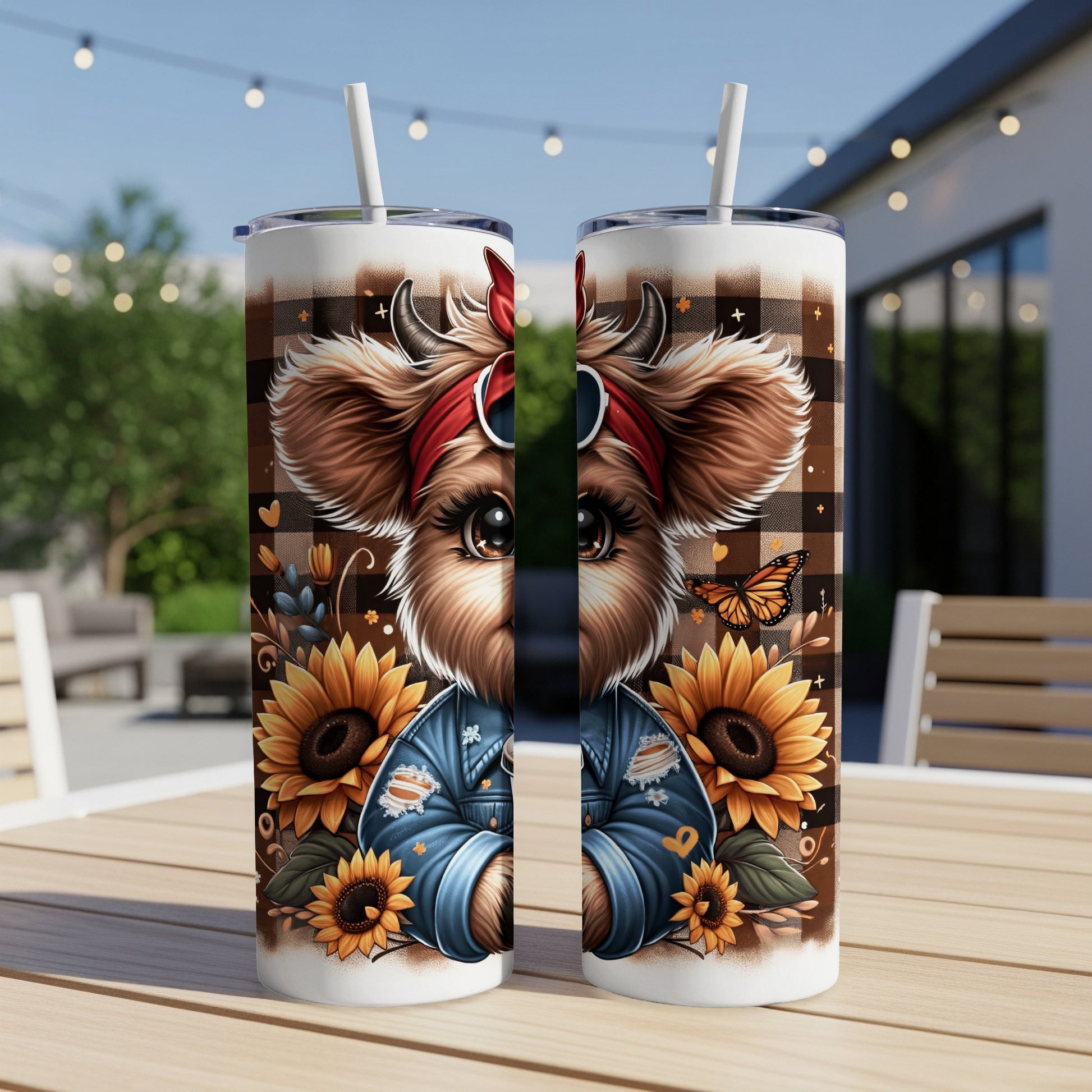Two tumblers with a cartoon dog wearing a bandana and denim jacket, surrounded by sunflowers.