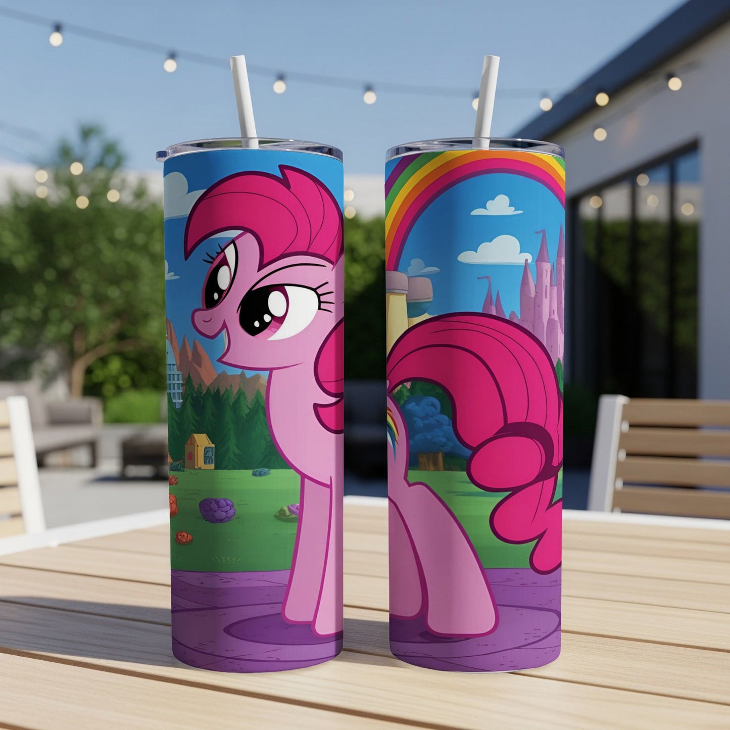 Pinkie Pie from My Little Pony on a colorful tumbler with a rainbow and castle.