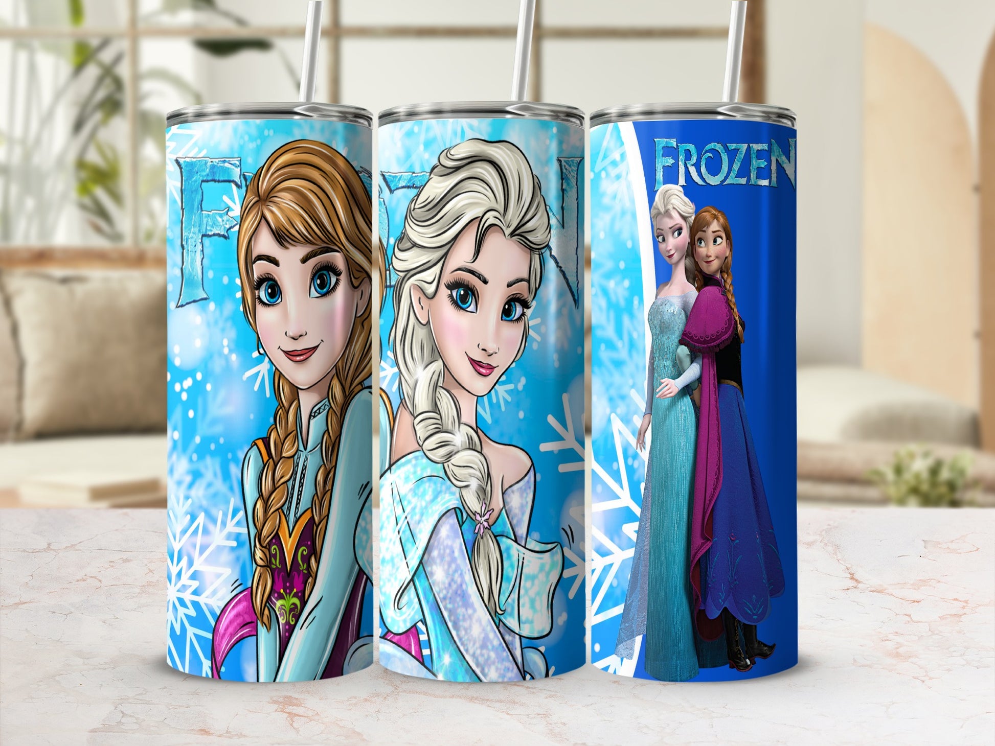 Three tumblers featuring Disney's Frozen characters Anna and Elsa.