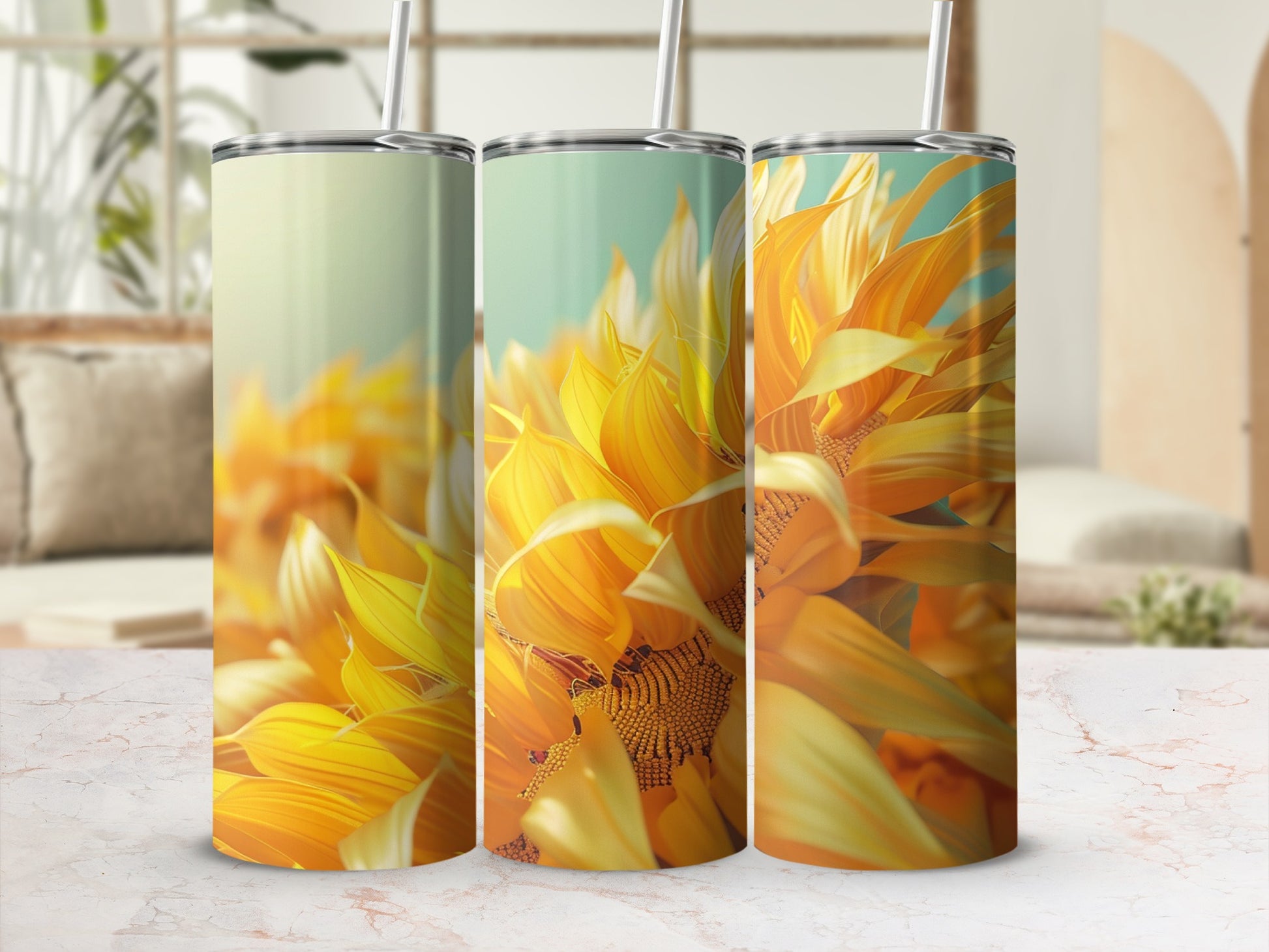 Three tumblers with a close-up sunflower petal design.