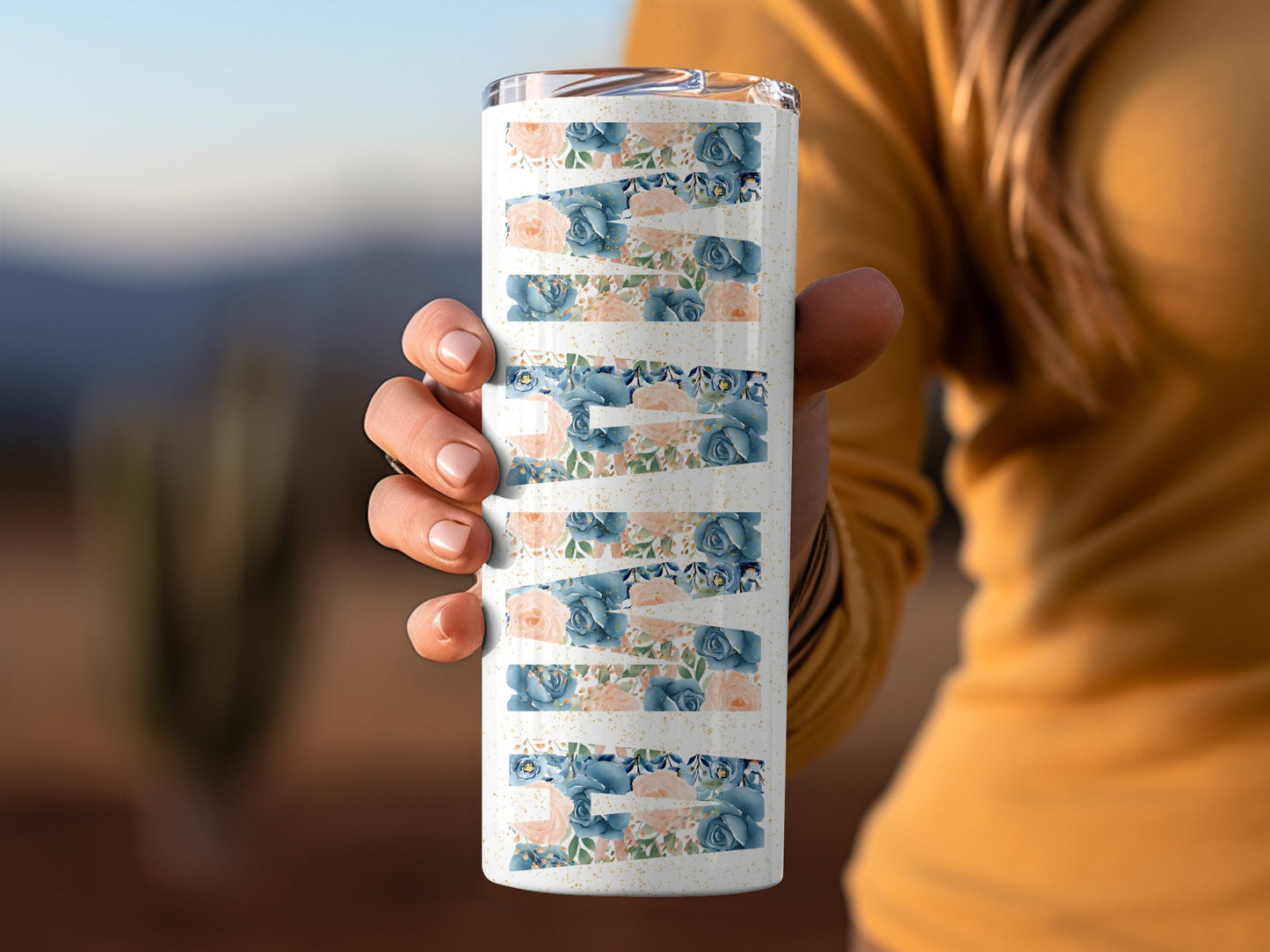 Blue and Peach Floral Striped Tumbler Drinkware