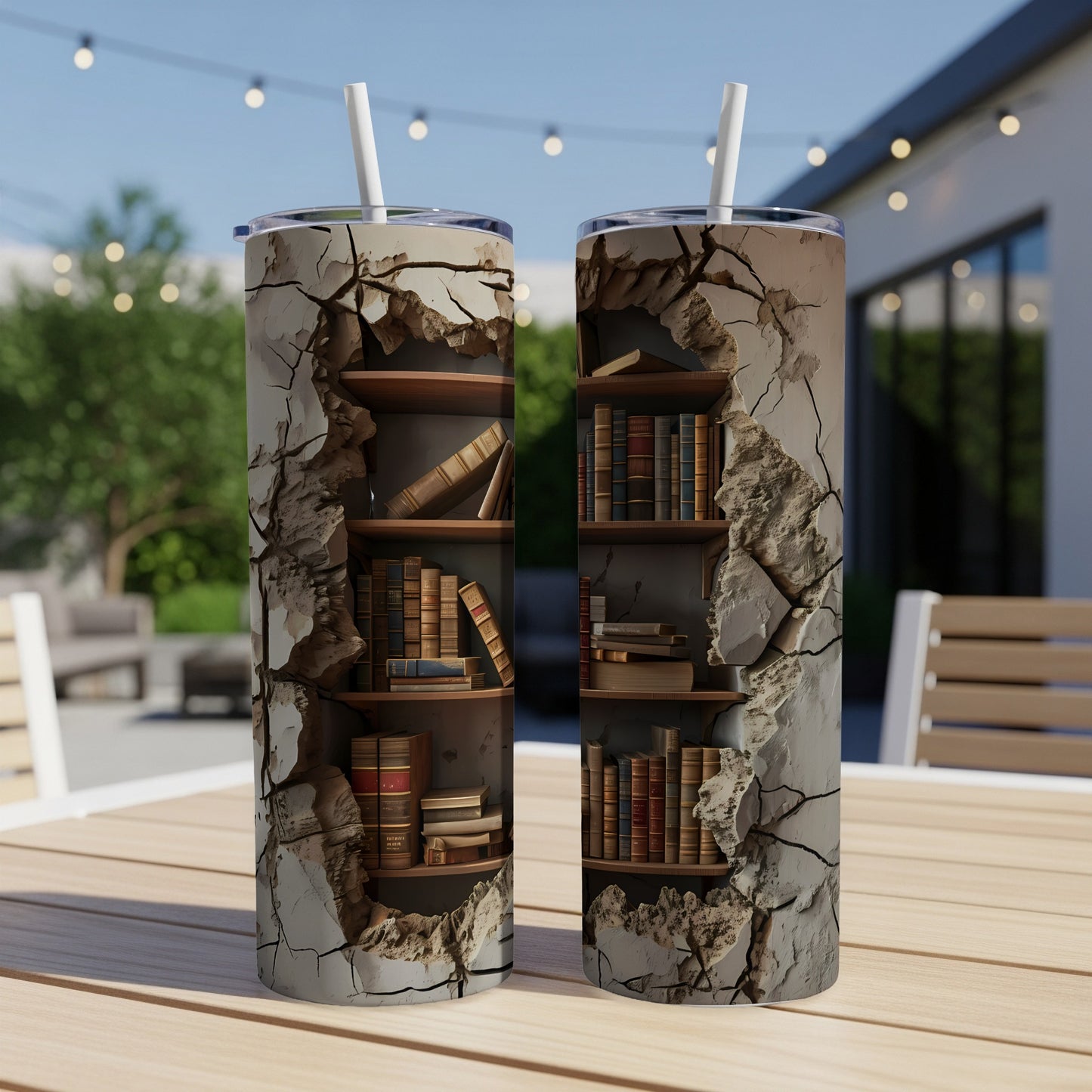 Two cylindrical tumblers with cracked plaster and bookshelves design.
