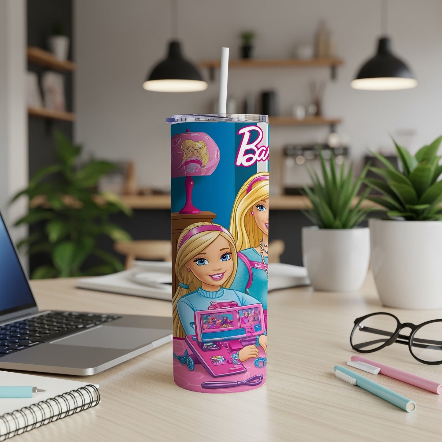Barbie graphic on pink laptop and keyboard tumbler with straw.