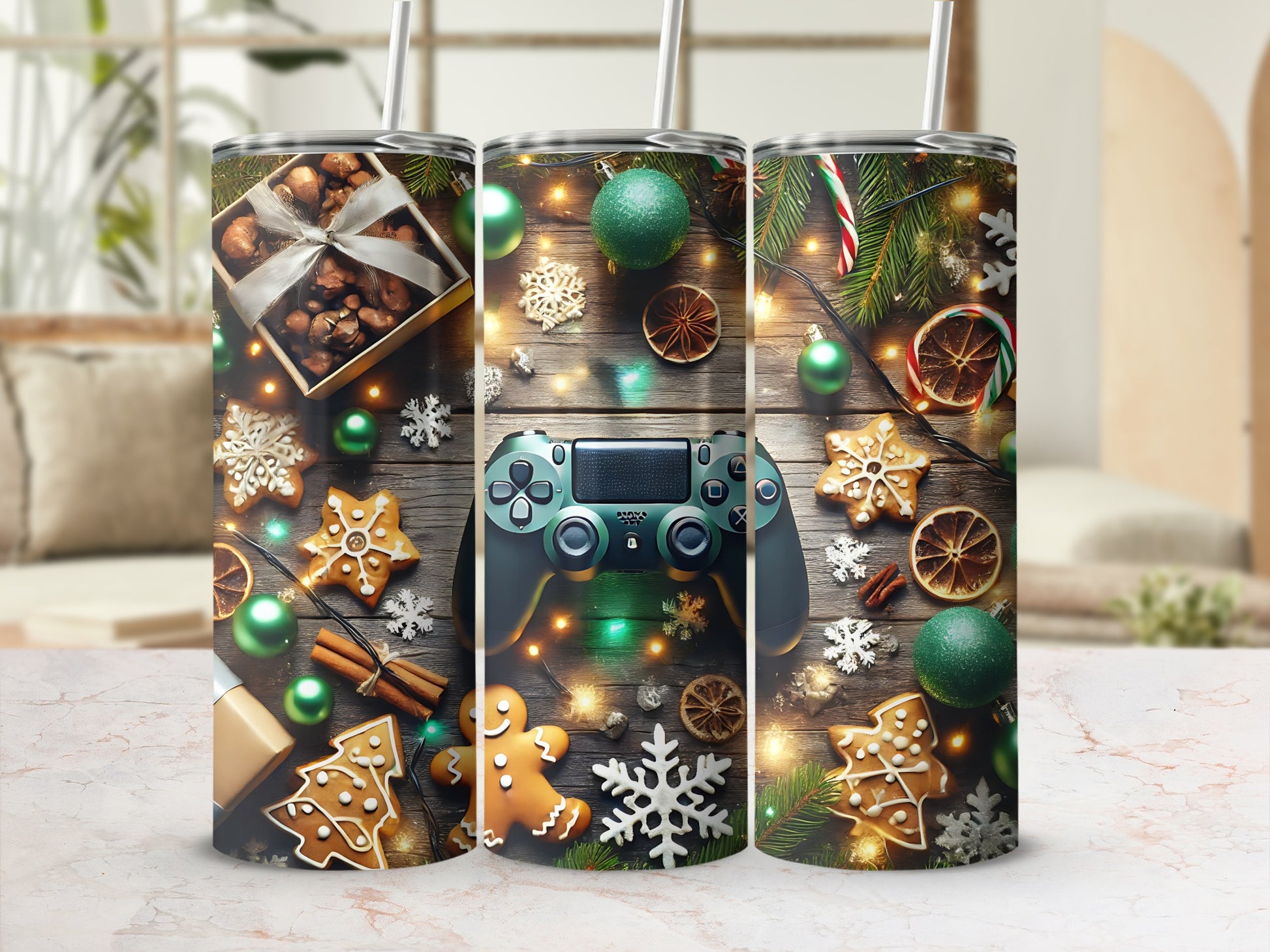 Game controller surrounded by festive holiday decorations and Christmas treats.