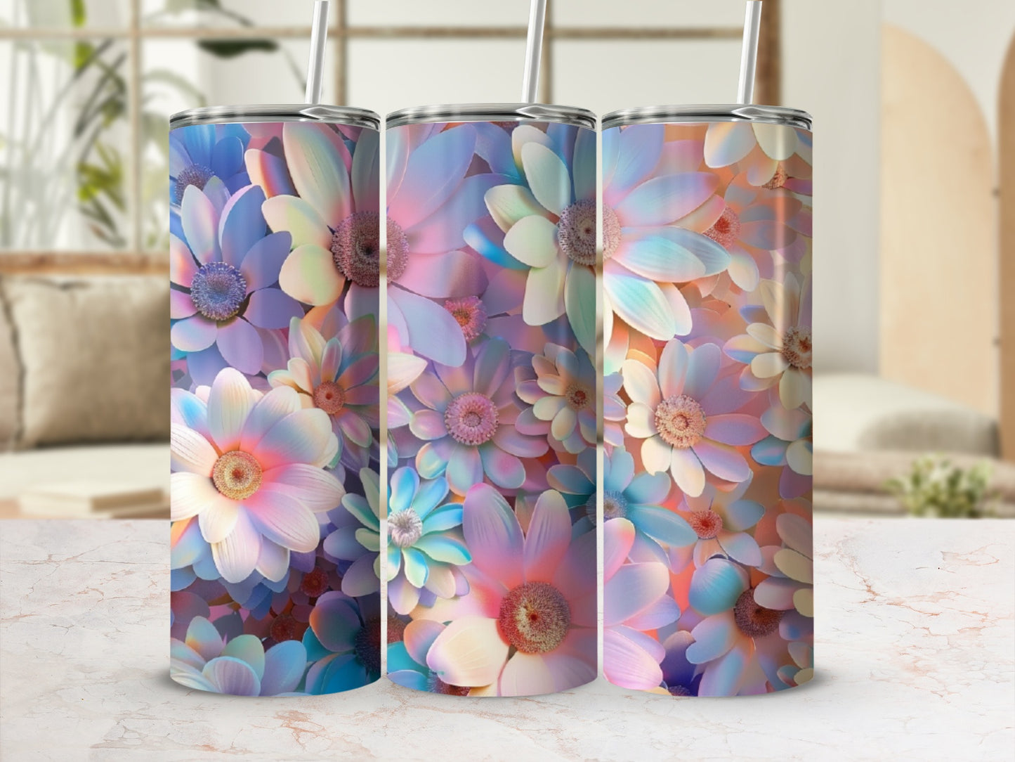 Three tumblers with a pastel floral pattern.