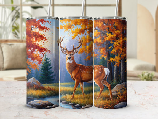Tumbler with deer and autumn forest scene.