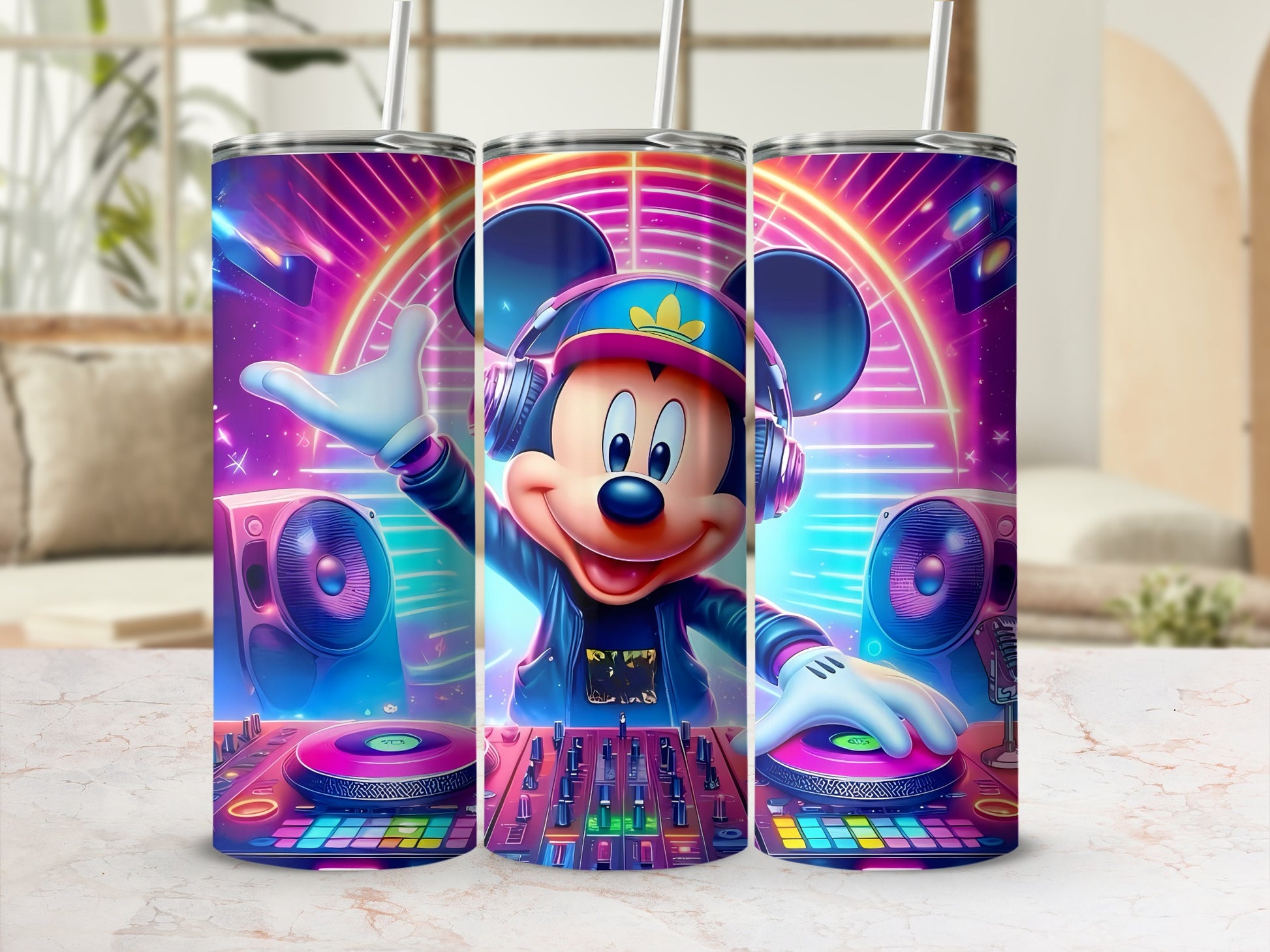 DJ Cartoon Character on Vibrant Neon Design tumbler