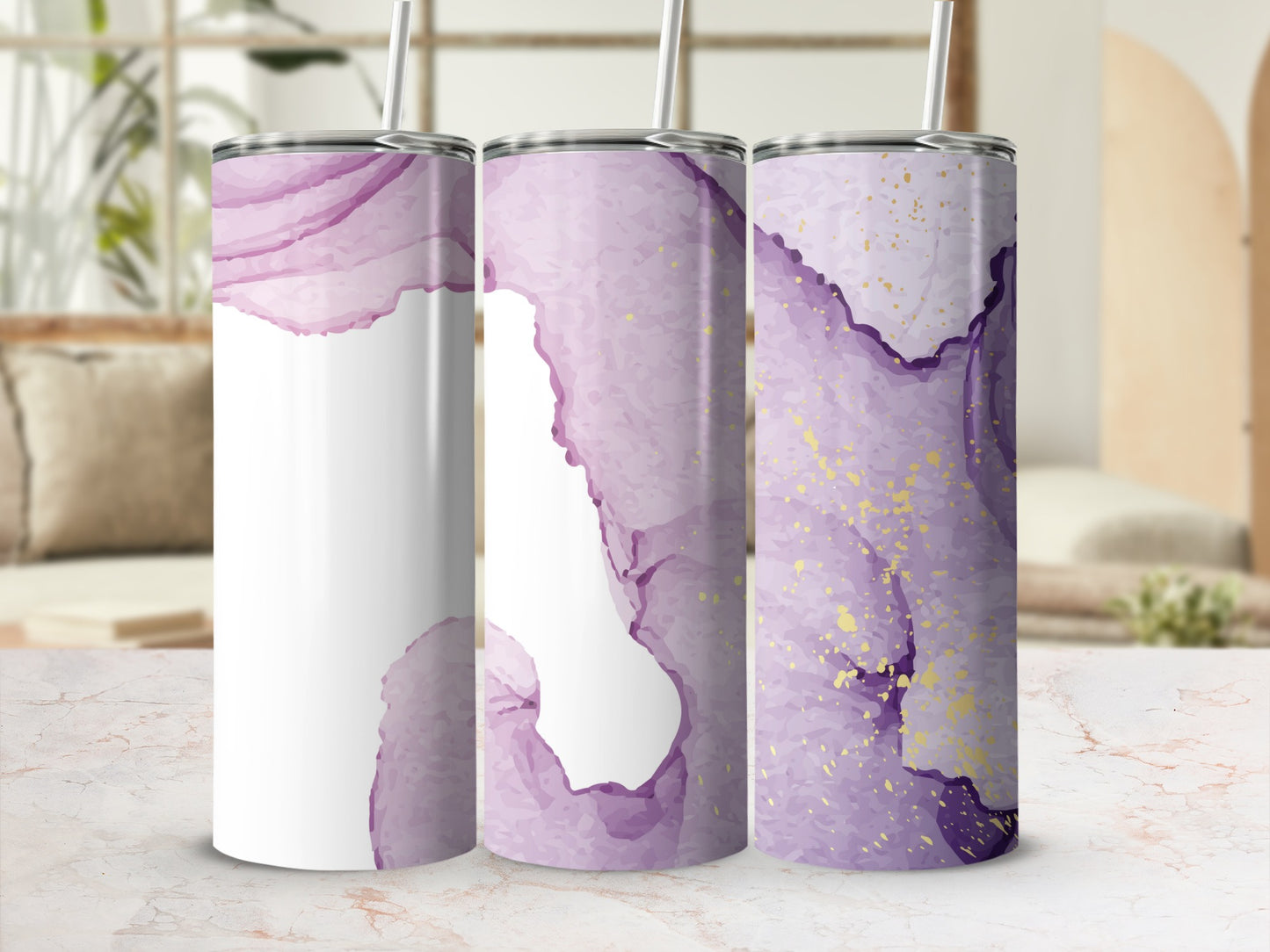 Three white tumblers with purple watercolor and gold splatter designs.