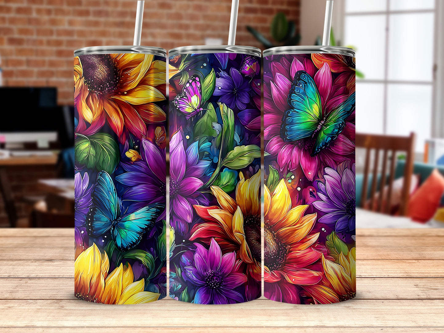 Bright Floral and Butterfly Design Tumbler