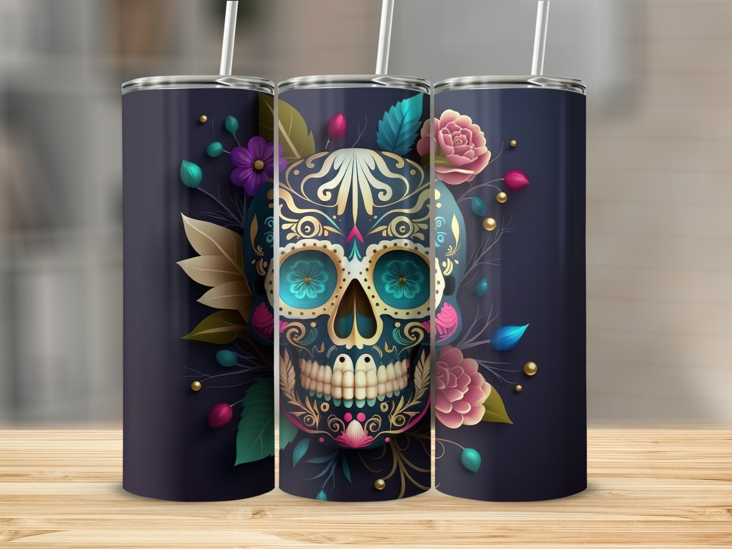 Colorful Sugar Skull and Flowers Design Tumbler