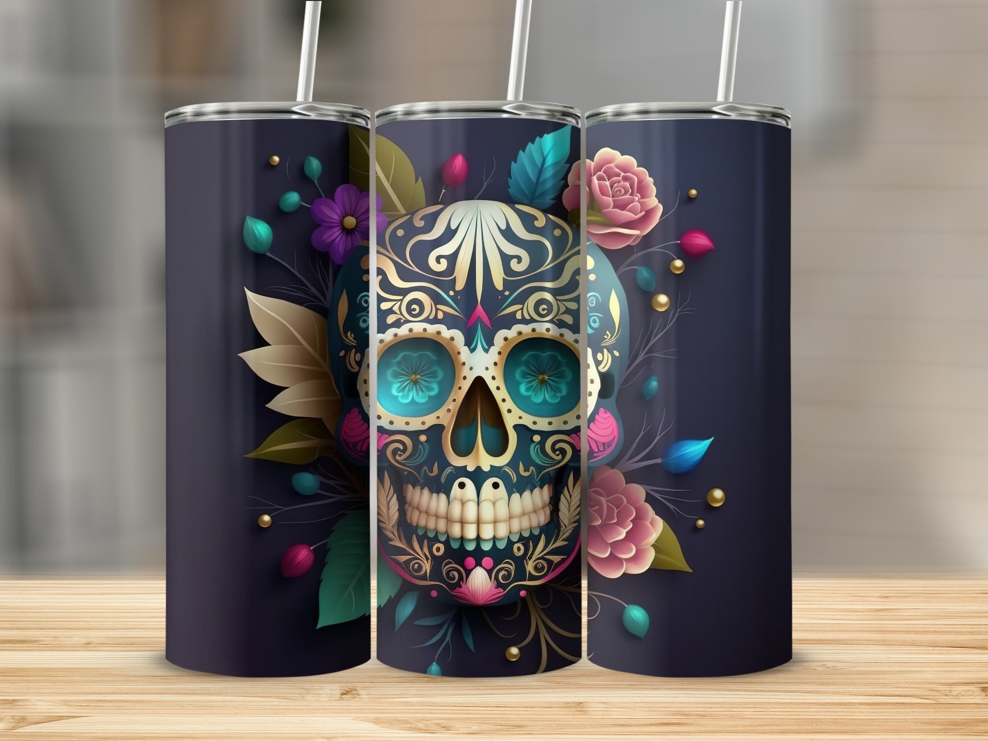 Colorful Sugar Skull and Flowers Design Tumbler