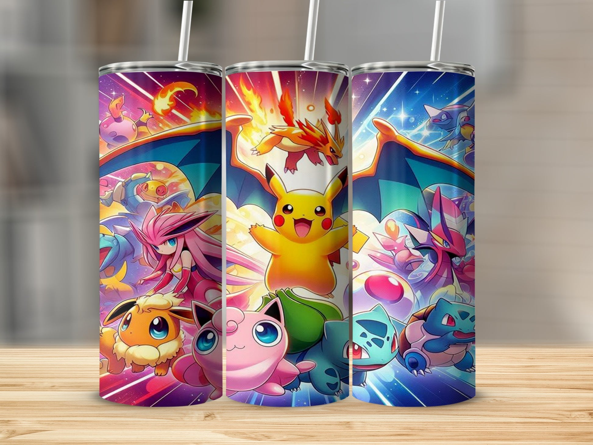 Colorful Pokémon Character Design Tumbler with Straw