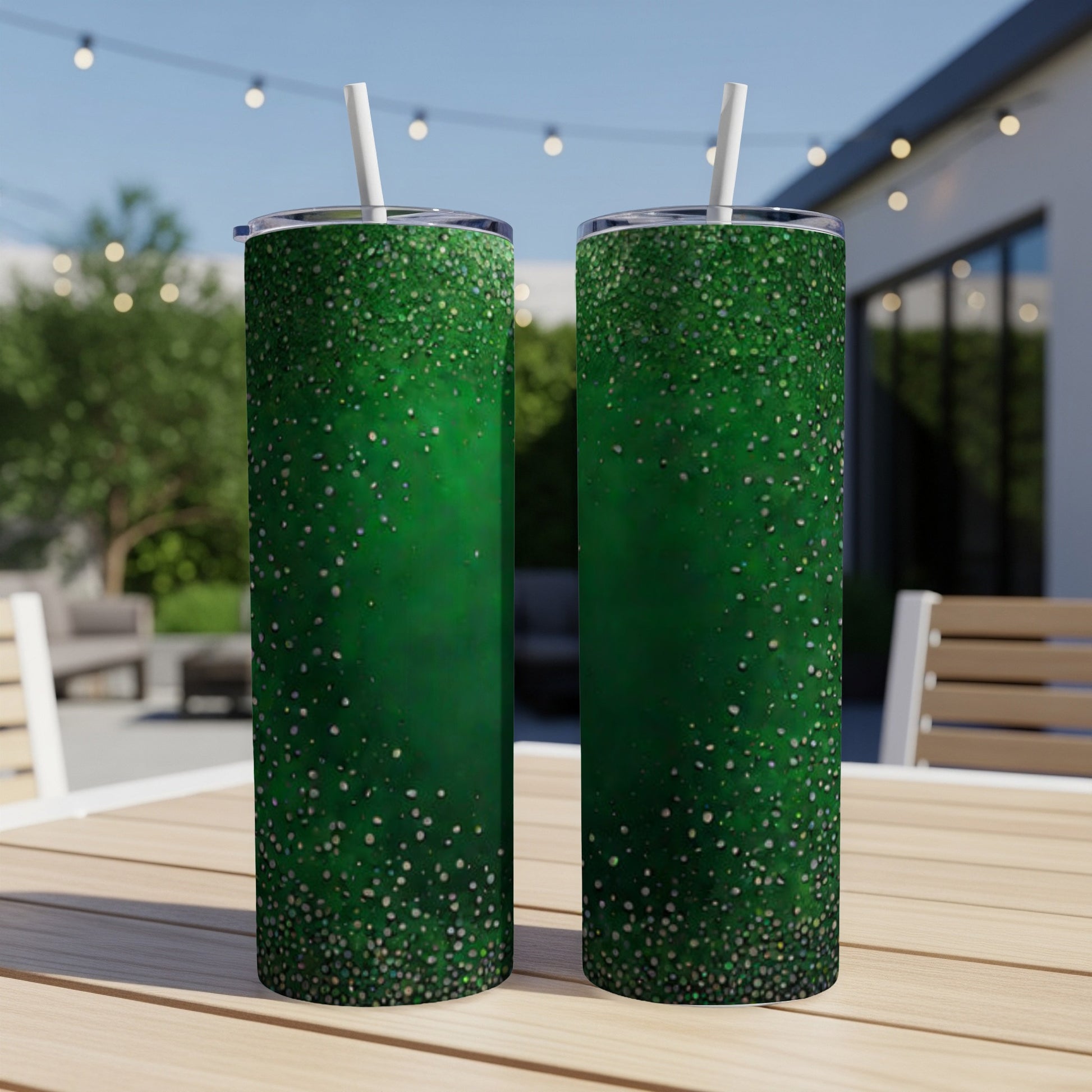Two green tumblers with glitter sparkle pattern on outdoor table.