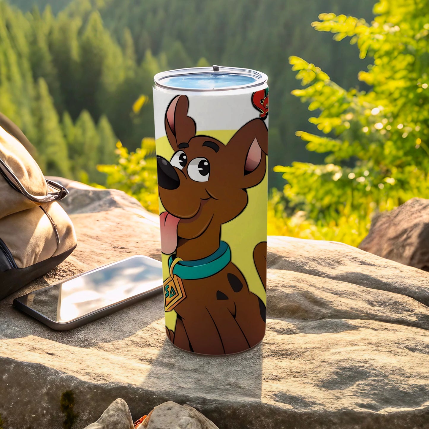 Scooby-Doo character on a yellow tumbler with a blue collar and tag.