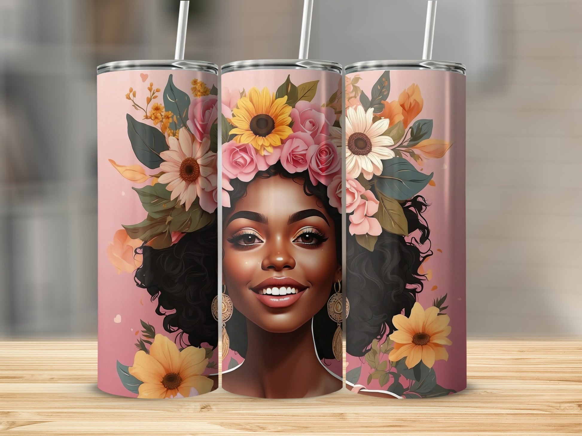 Tumbler with woman's portrait wearing floral crown against pink background.
