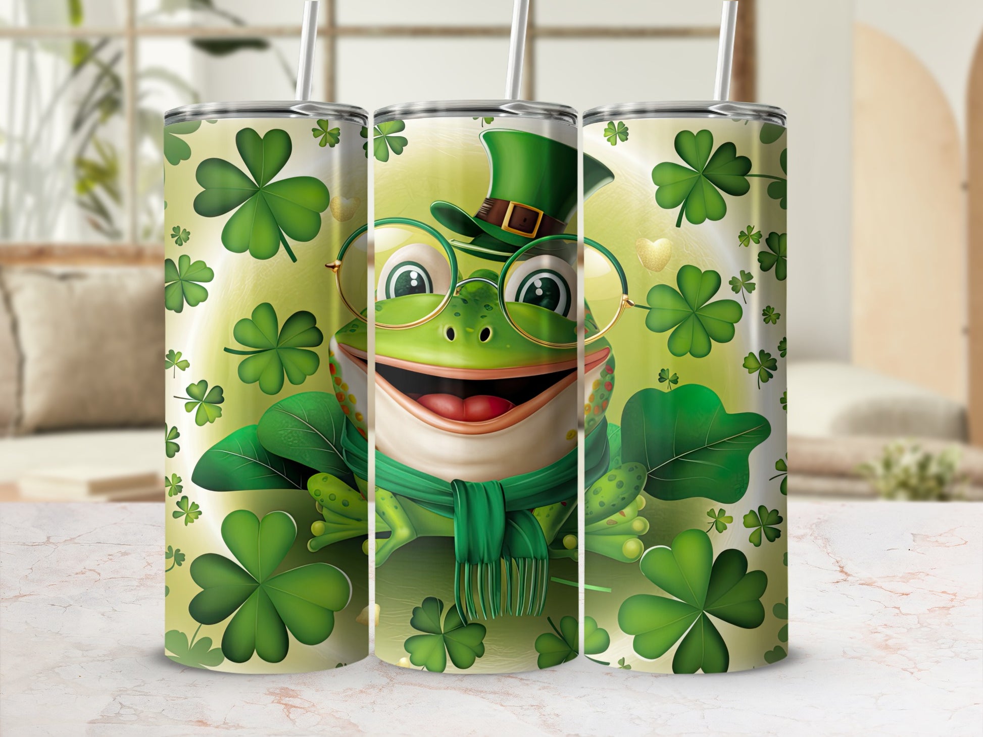 St. Patrick's Day themed tumbler with a cartoon frog wearing a hat and scarf.