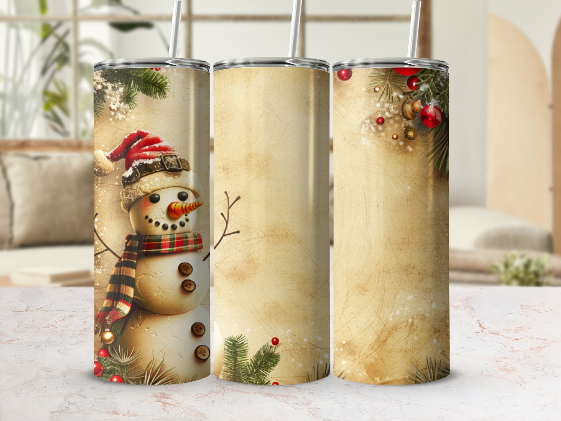 Snowman with scarf and hat on a parchment background with holly and berries.
