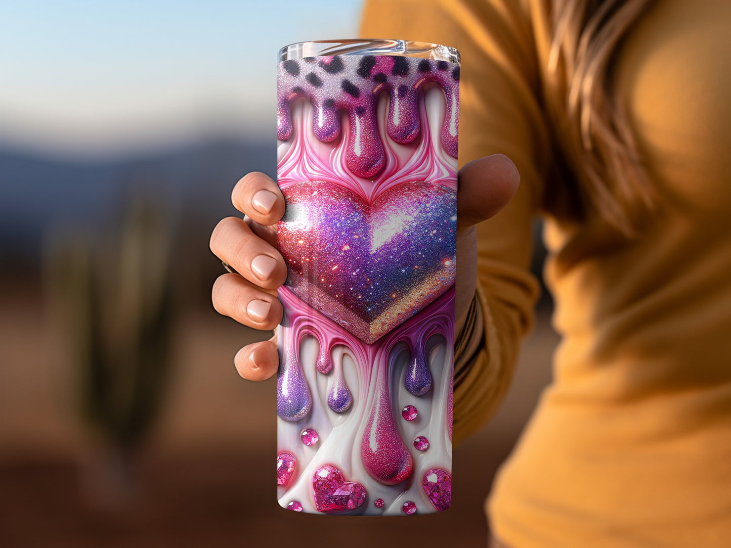 Valentine's Day! Glazed Hearts in Pink and Purple Valentine's Day! Dripping Hearts and Gems on Creamy Surface Tumblers