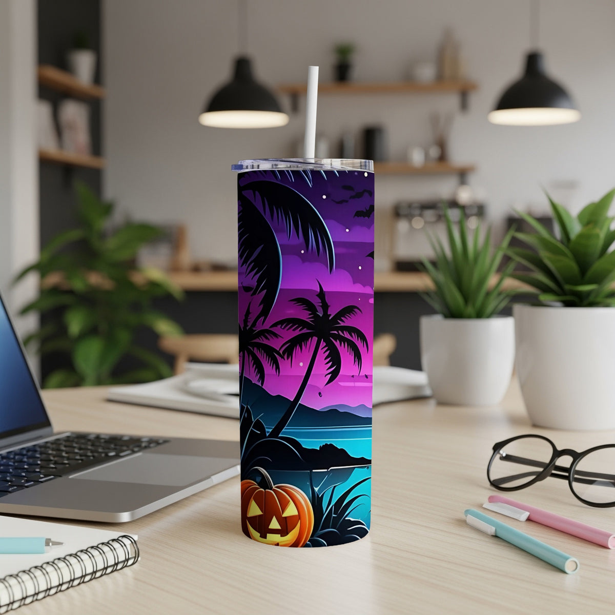 Tumbler with Halloween tropical scene and jack-o'-lantern.