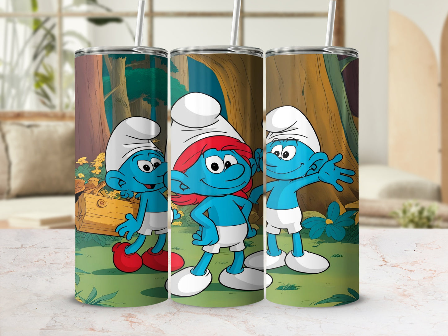 Three Smurfs in a forest clearing, two male, one female, with a wooden chest.