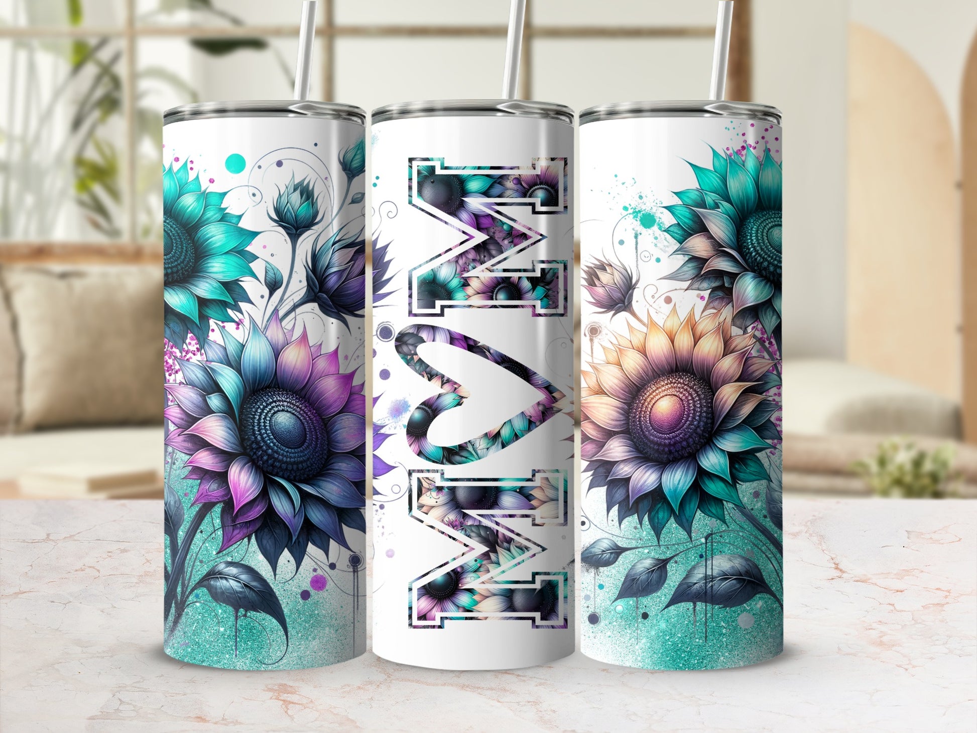 Three tumblers with floral and "MOM" designs.