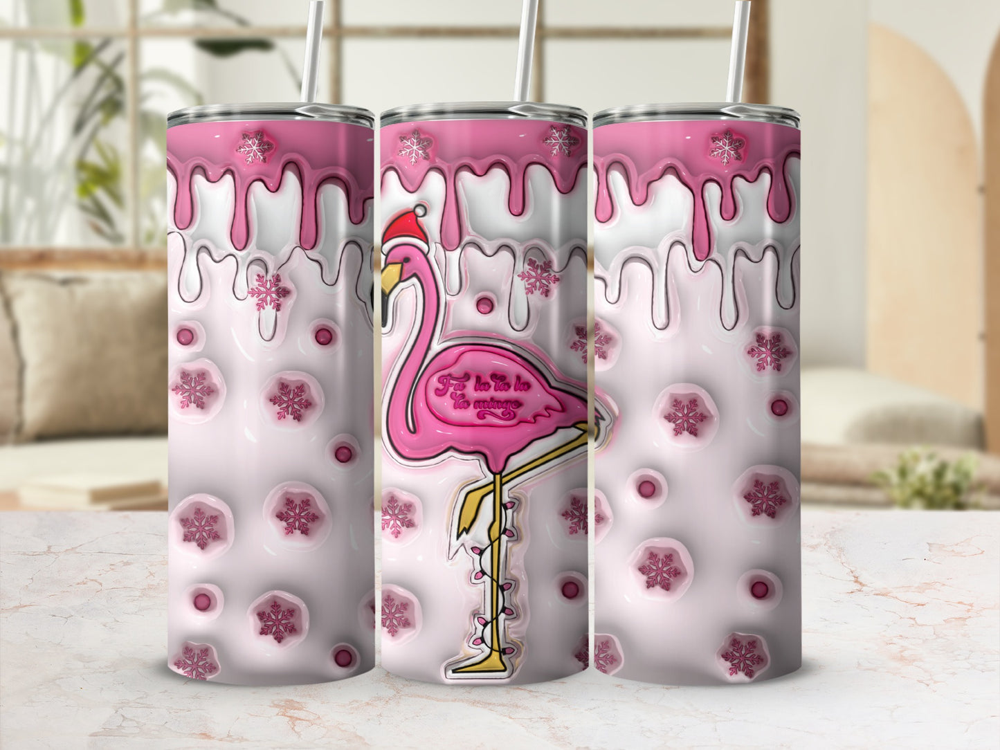 Pink Flamingo with Snowflakes Design tumbler