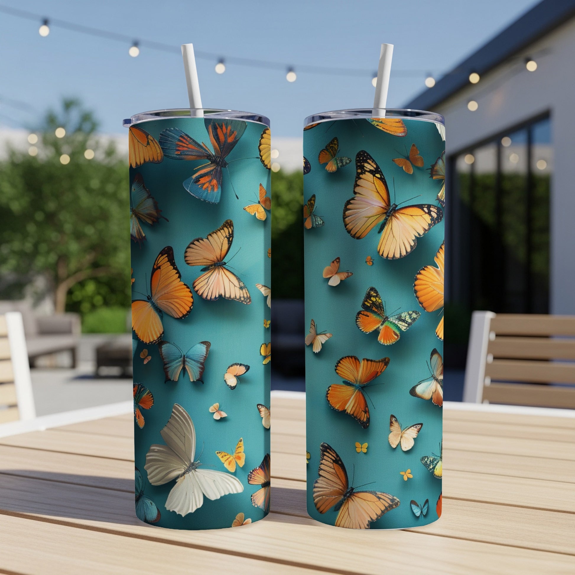 Two teal tumblers with colorful butterflies, set on a table outdoors.