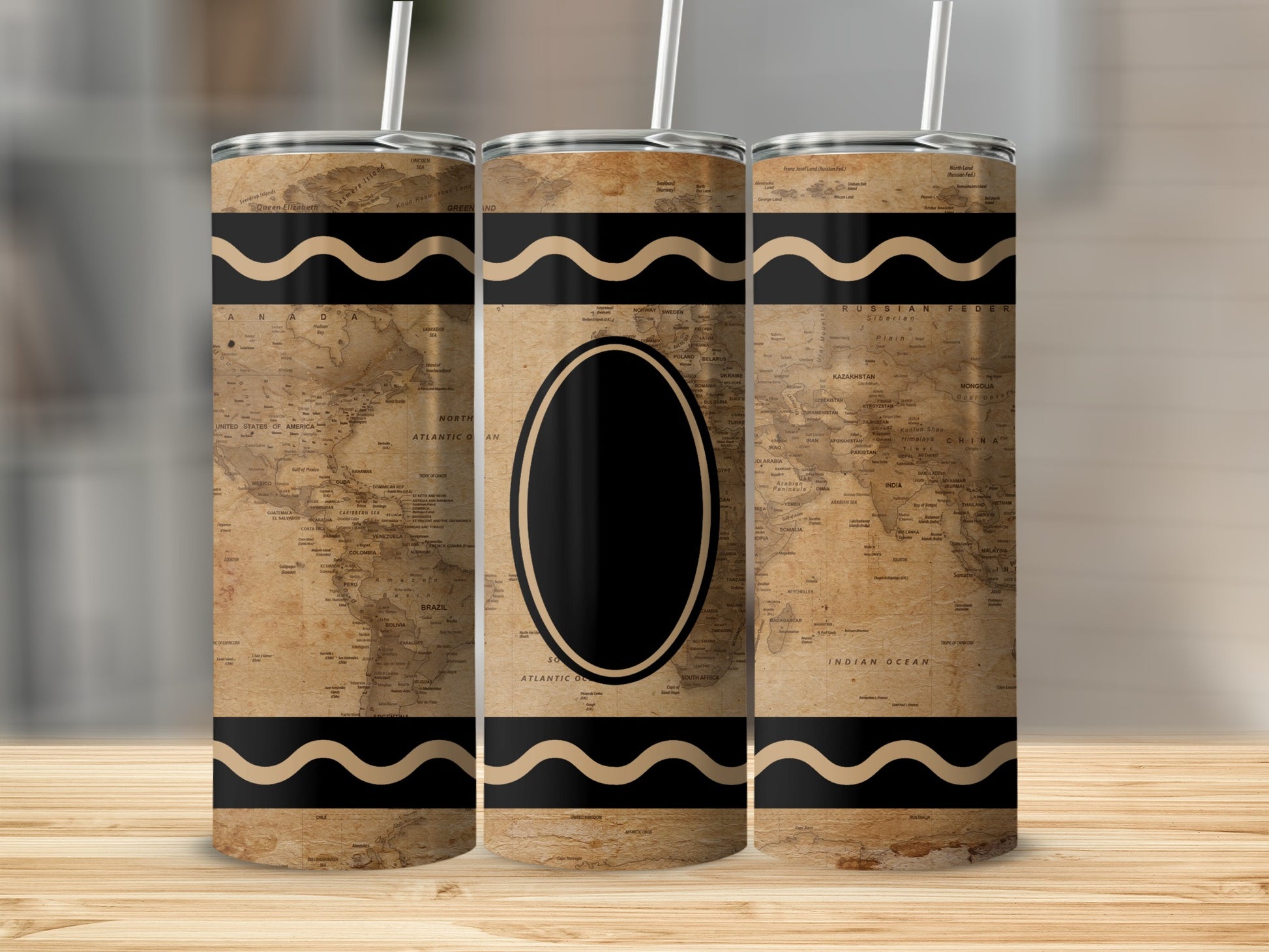 Vintage world map tumbler with black oval center and wavy bands.