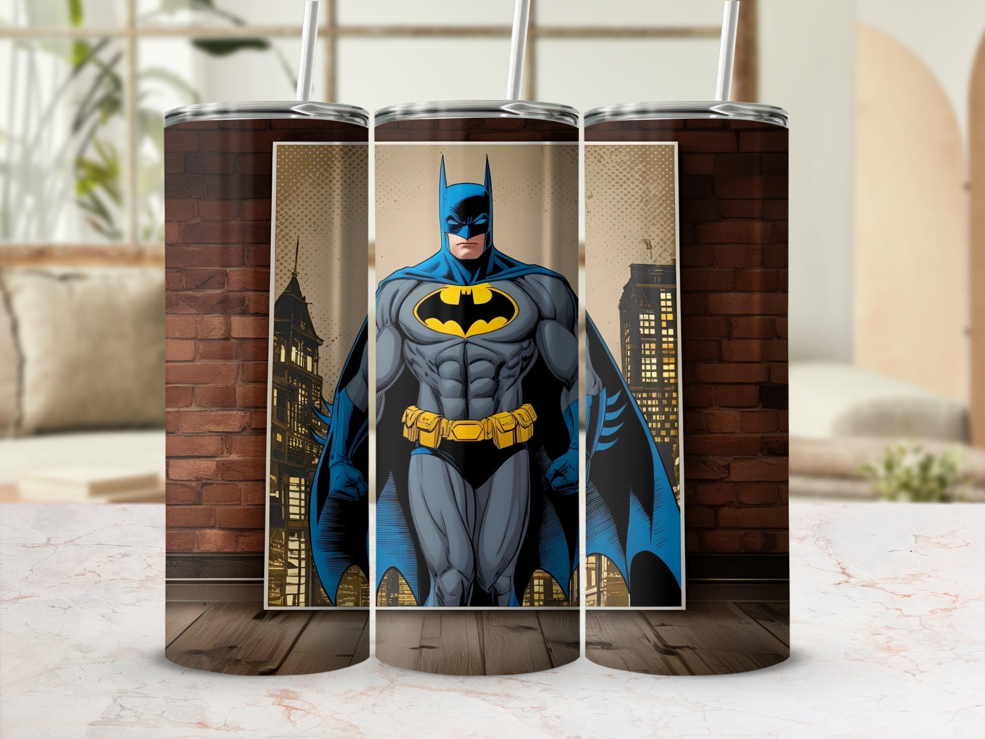 Batman standing heroically in a city skyline.