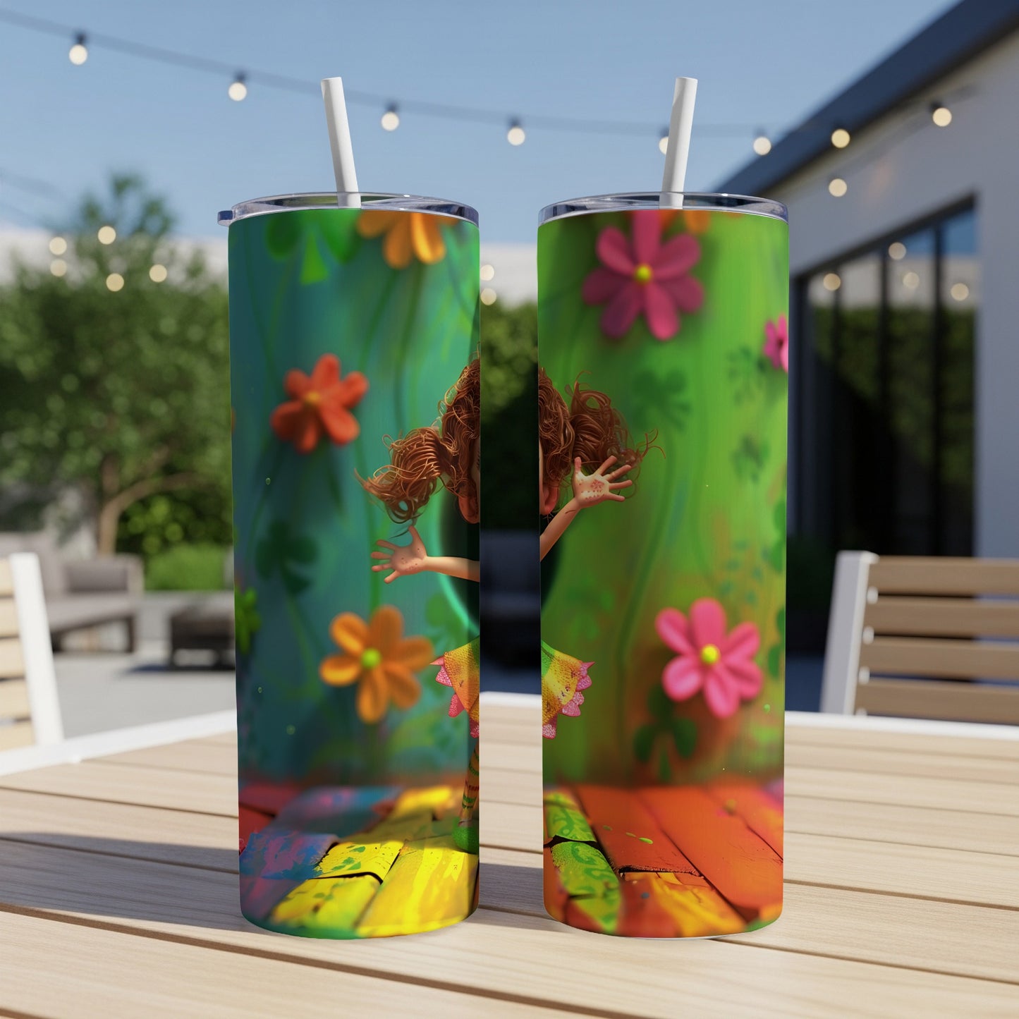 Two colorful tumblers with a cartoon character and flowers, resting on a wooden table.