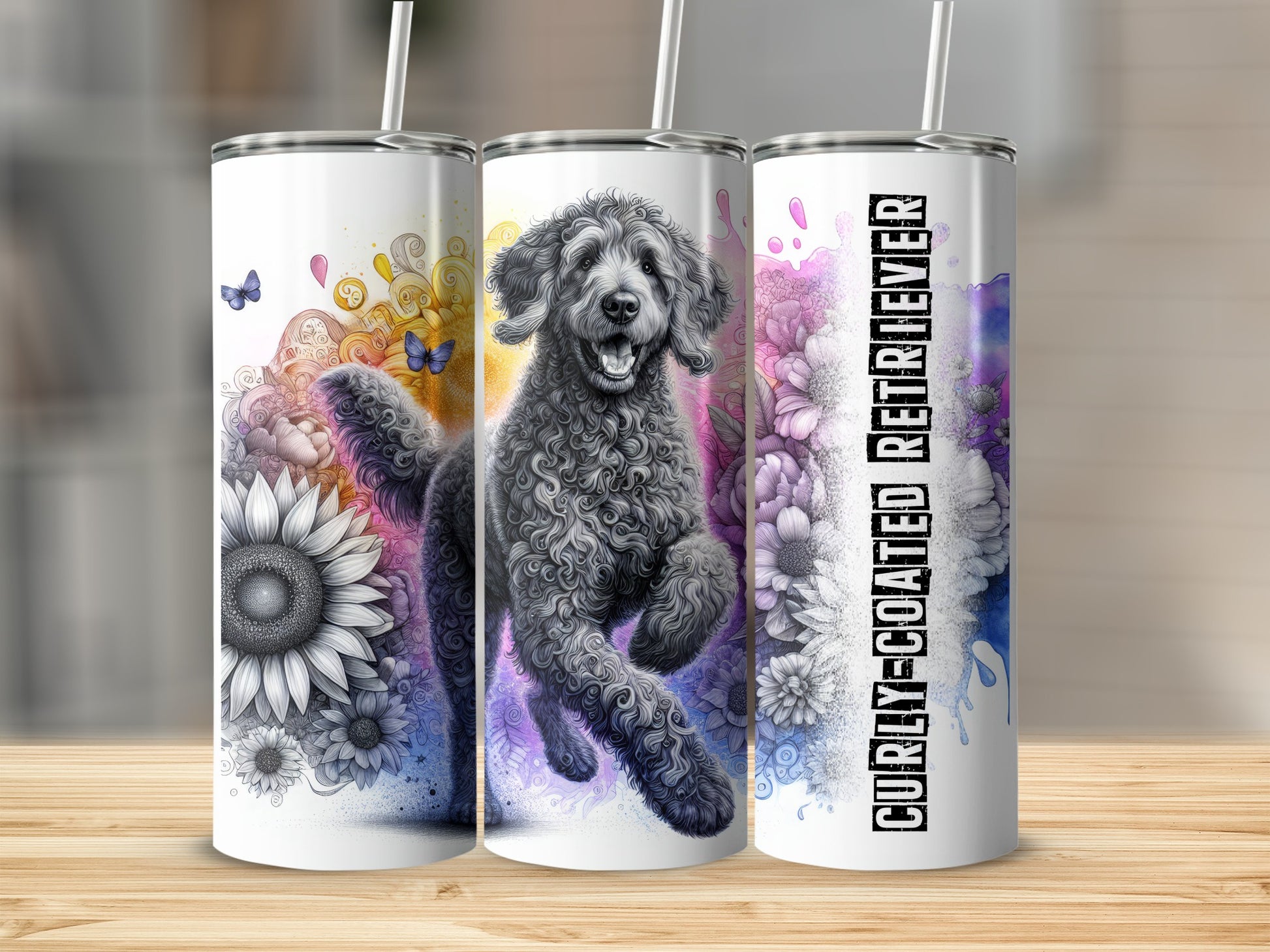 Three tumblers featuring a black curly-coated dog with floral and butterfly accents.