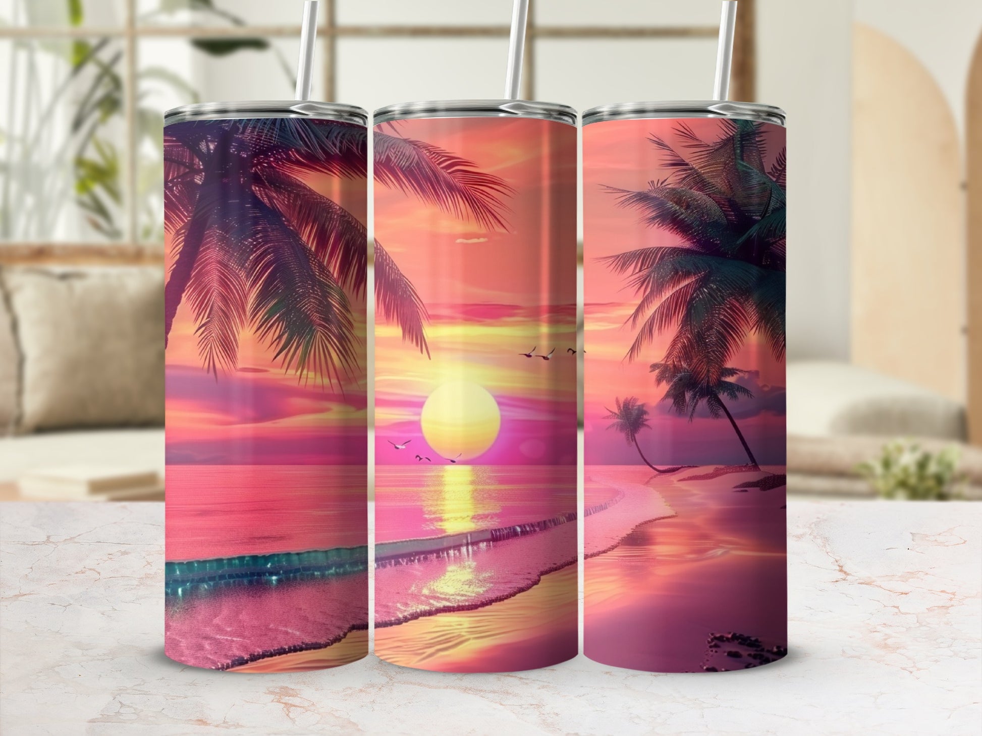 Beach sunset design on three tumblers with palm trees and ocean waves.